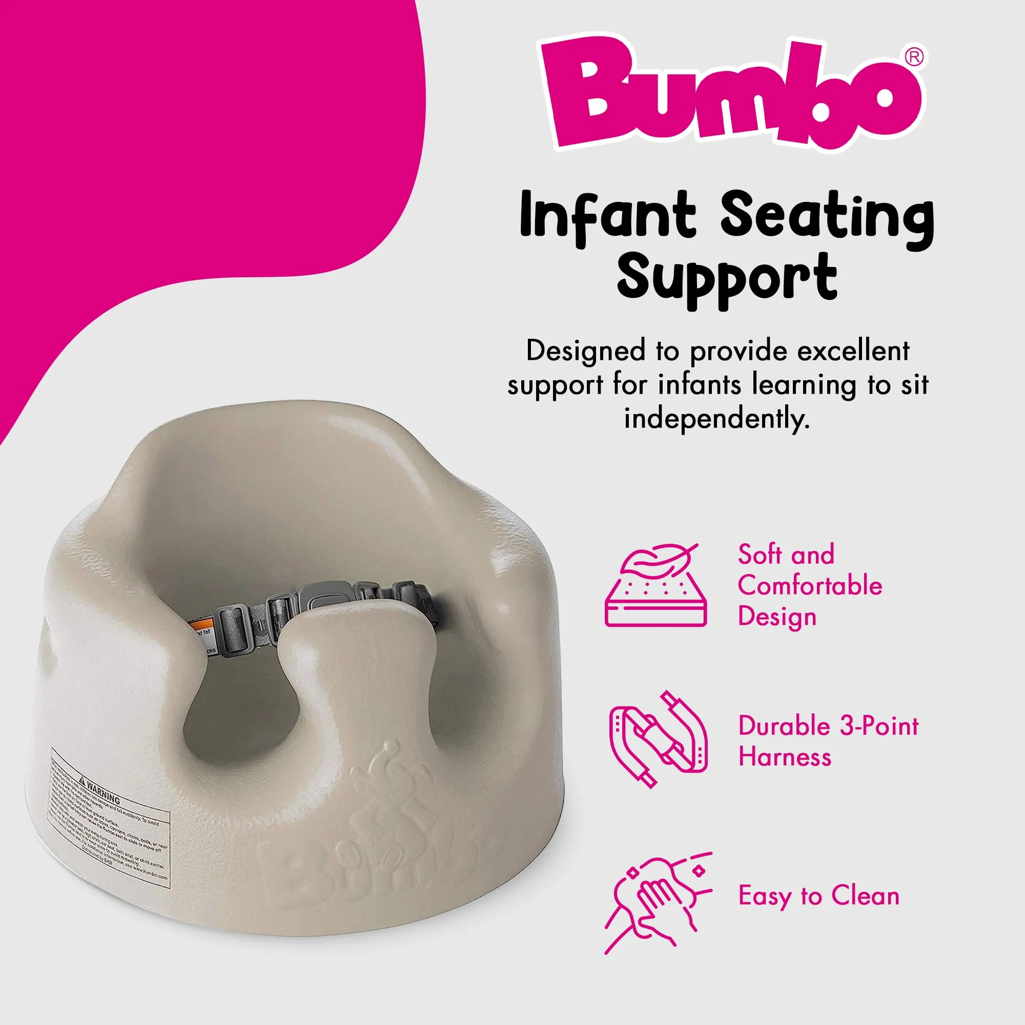 Bumbo Baby Infant Soft Foam Floor Booster Seat with Adjustable Harness, Taupe
