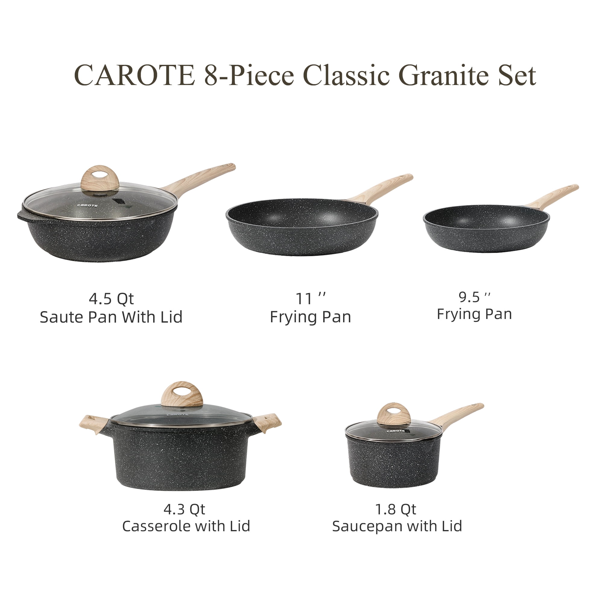 CAROTE 8 Pcs Pots and Pans Set Non Stick, Nonstick Kitchen Cookware Sets, Induction Cookware (Black)