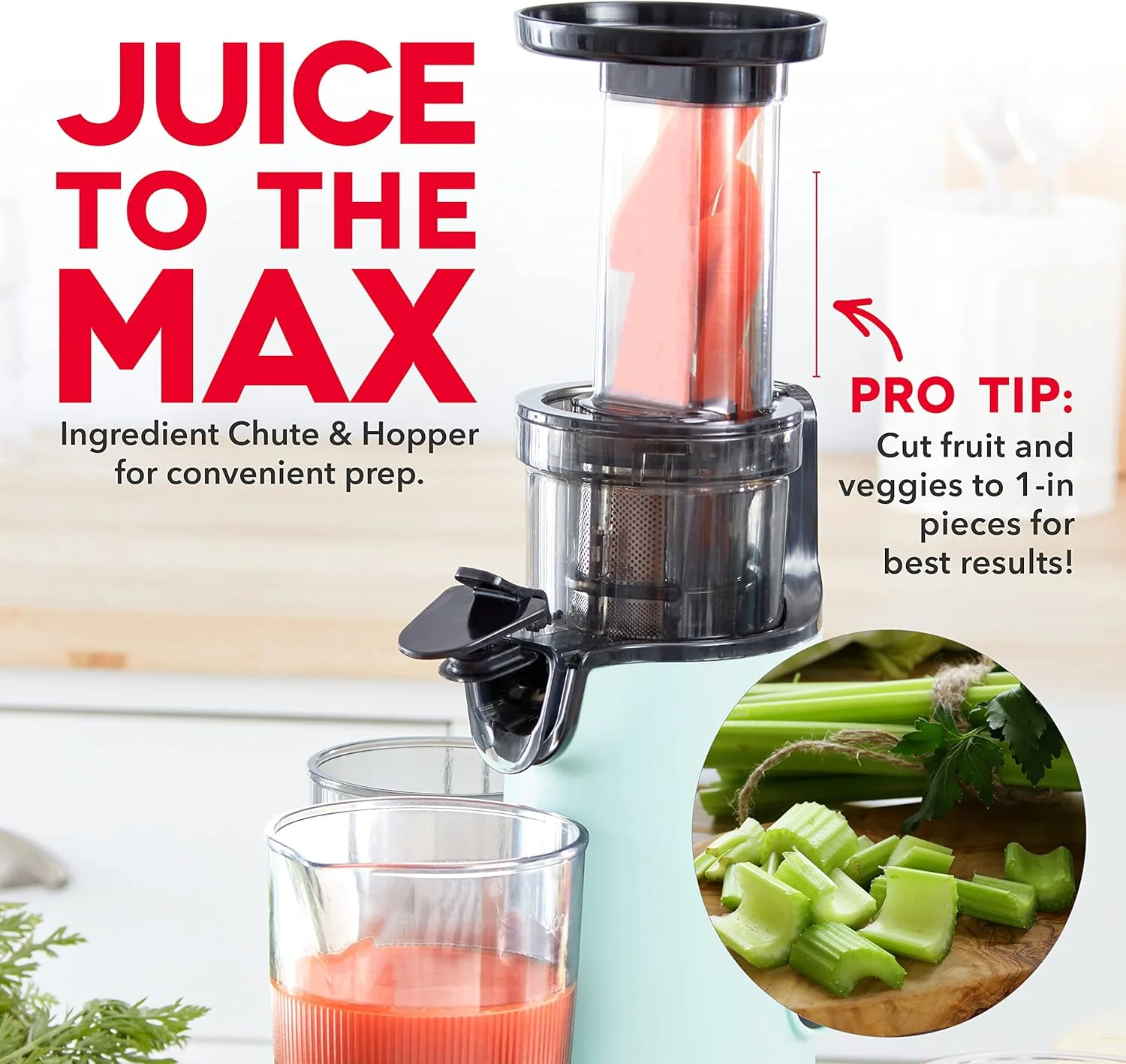 DASH Deluxe Compact Masticating Slow Juicer, Easy to Clean Cold Press Juicer with Brush, Pulp Measuring Cup, Frozen Attachment and Juice Recipe Guide - Aqua