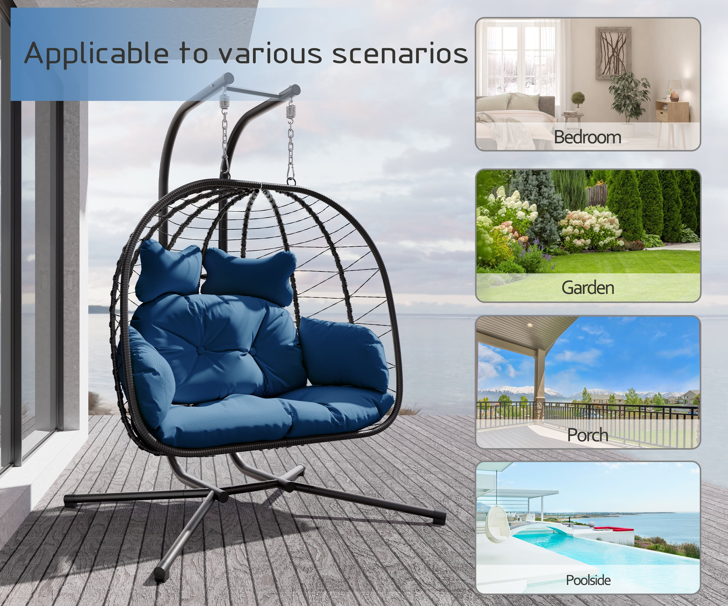 Bifanuo Double Wicker Swing Egg Chair Hammock Foldable Hanging Loveseat with Stand, UV Resistant Removable Cushions, 700LBS Capacity for Bedroom, Balcony (Black and Beige)