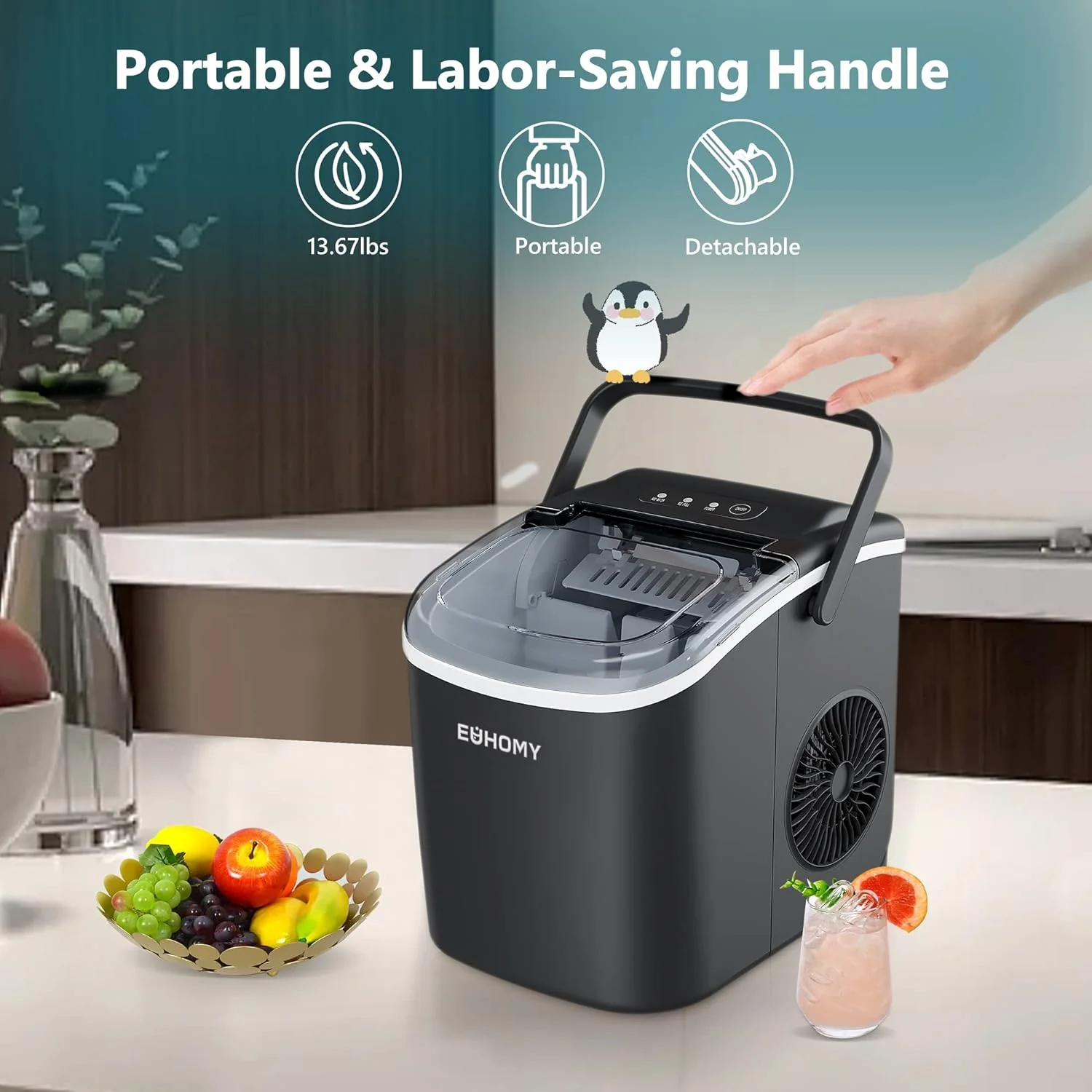 EUHOMY 12'' Black Bullet Ice Portable Low Noise  Ice Maker with Handle Including Cleaner Descaler