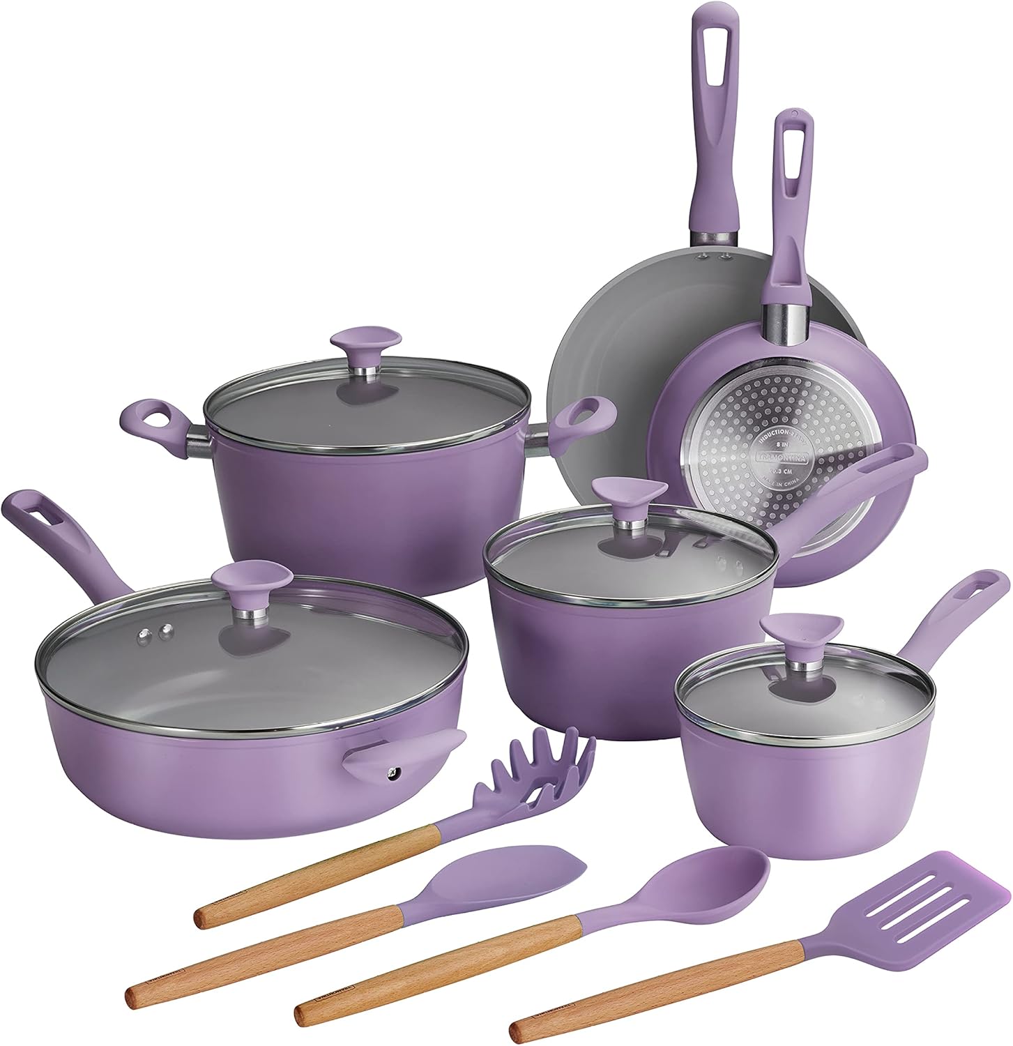 14-Piece Ceramic Cookware Set Purple Nonstick, Induction-Ready, Oven Safe, Dishwasher Safe, Includes Fry Pans, Sauté Pan, Sauce Pans, Dutch Oven, and Wooden Utensils, 80110/037DS