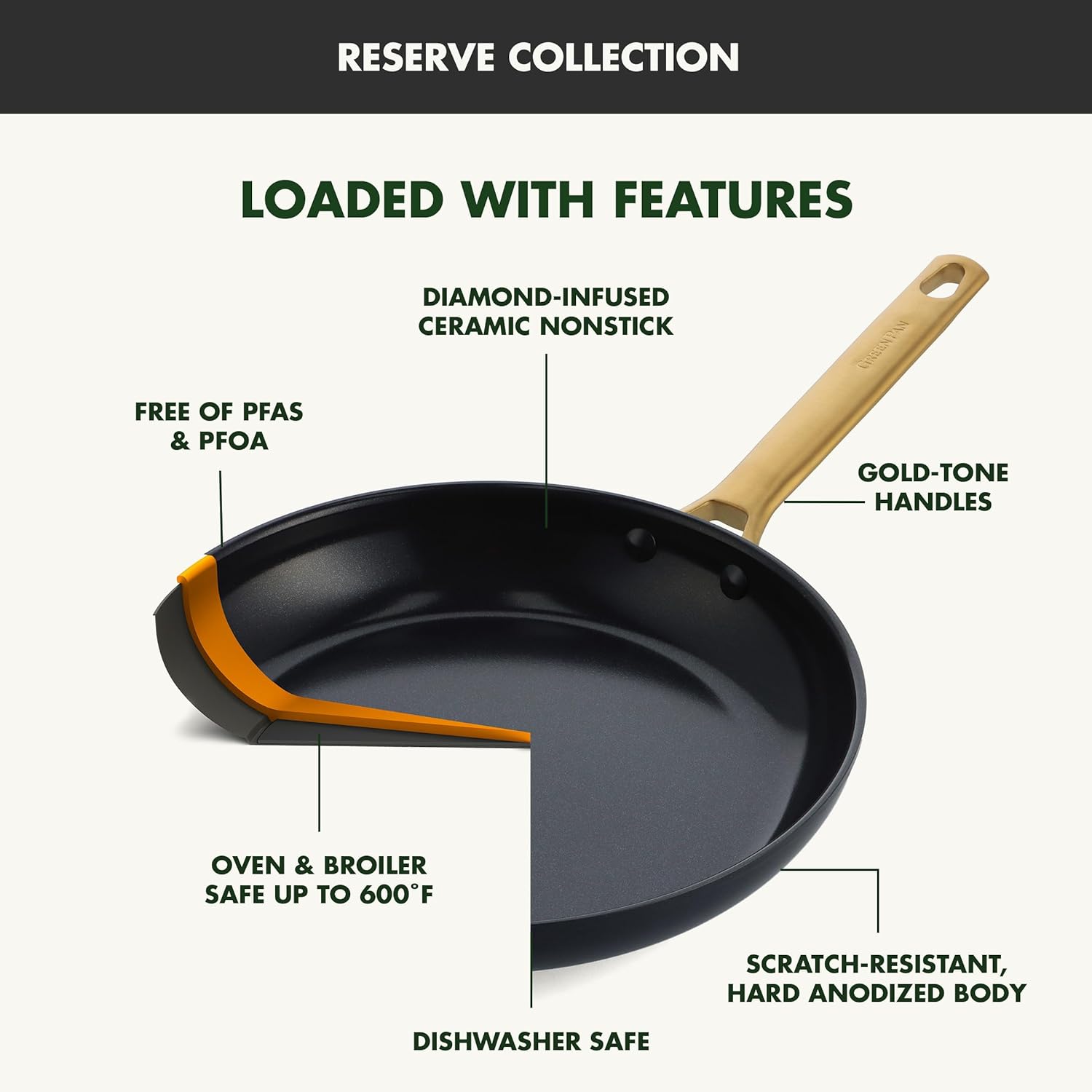 Reserve Hard Anodized Healthy Ceramic Nonstick 10 Piece Cookware Pots and Pans Set, Gold Handle, PFAS-Free, Dishwasher Safe, Oven Safe, Black