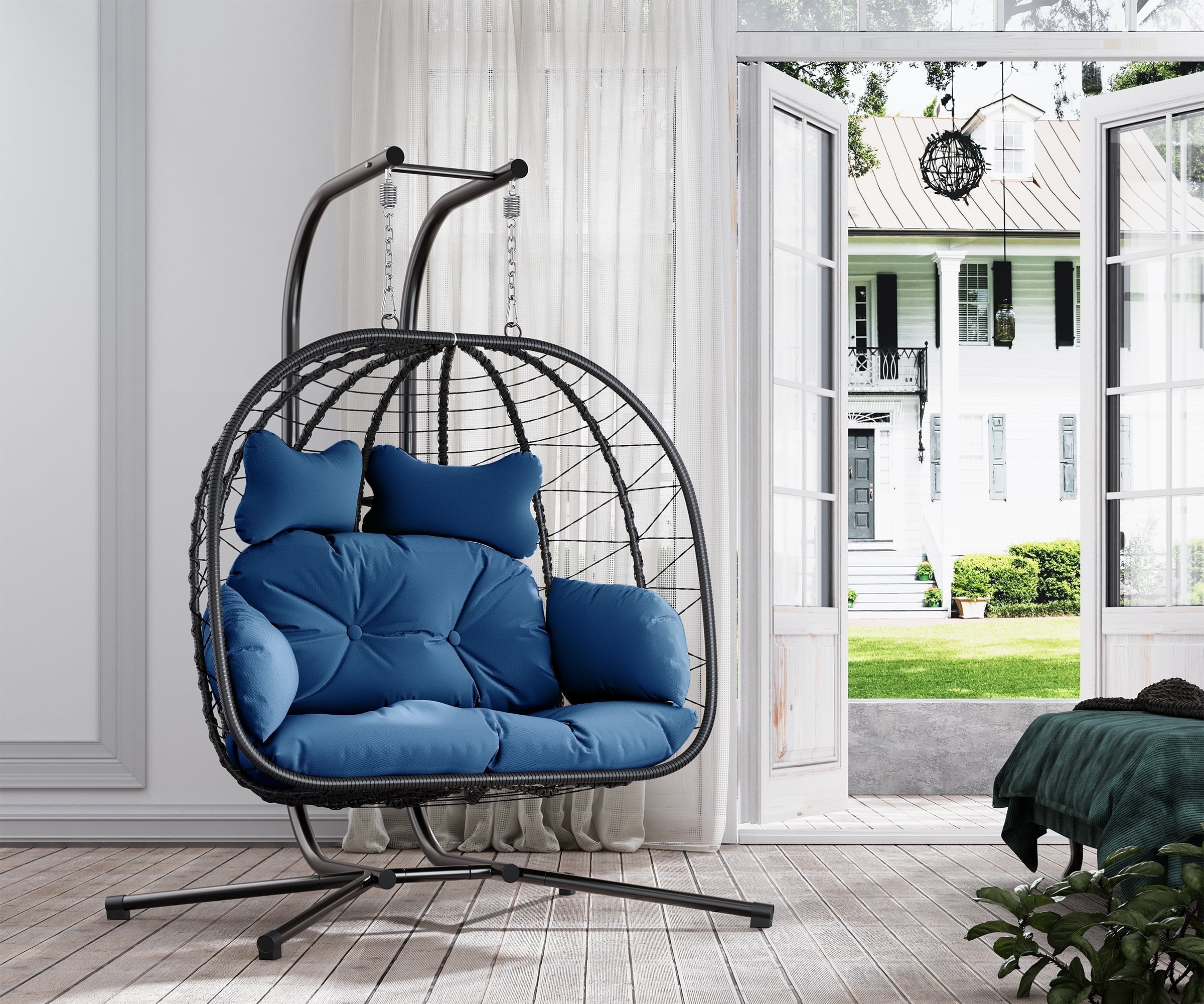 Bifanuo Double Wicker Swing Egg Chair Hammock Foldable Hanging Loveseat with Stand, UV Resistant Removable Cushions, 700LBS Capacity for Bedroom, Balcony (Black and Beige)