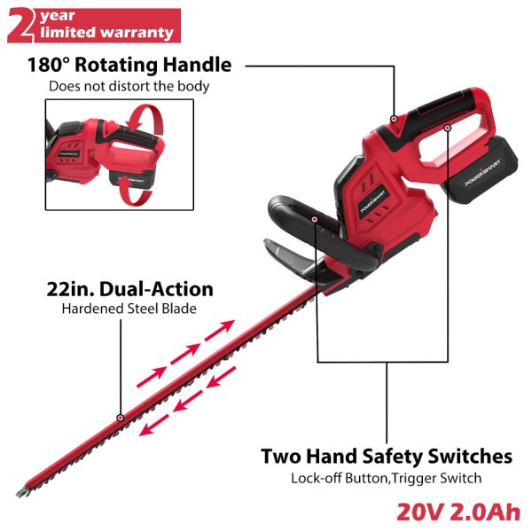 20V Lithium-Ion Cordless 22 inch Hedge Trimmer, PS76106A 2.0 Ah Battery and Charger Included