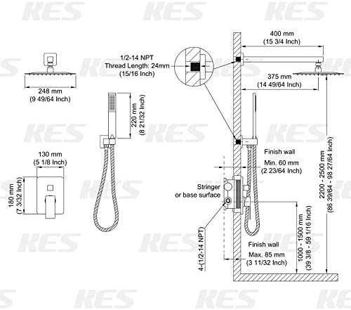 KES Shower System 12 Inch Rain Shower Head