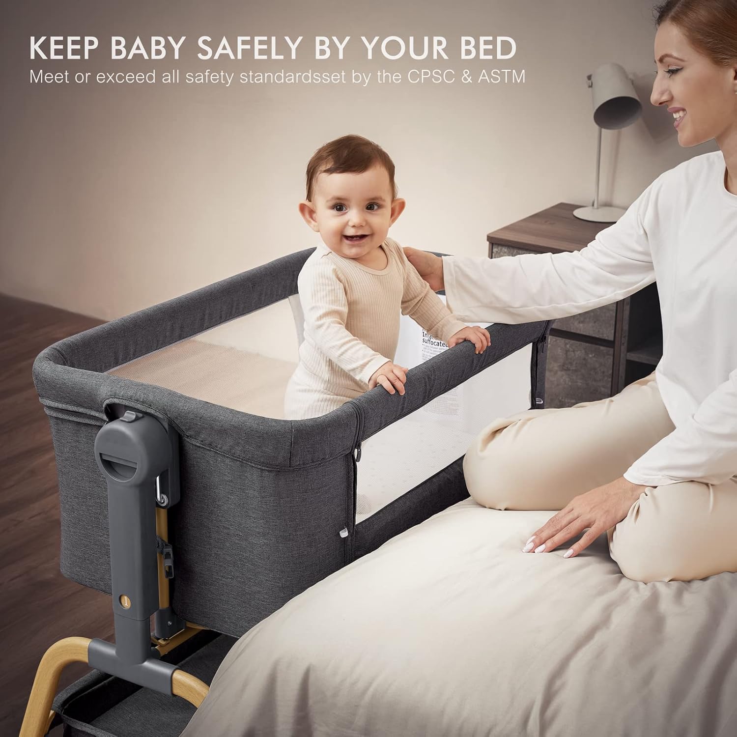 ANGELBLISS 3-in-1 Baby Bassinet, Adjustable Bedside Sleeper with Mattress & Wheels, Dark Grey