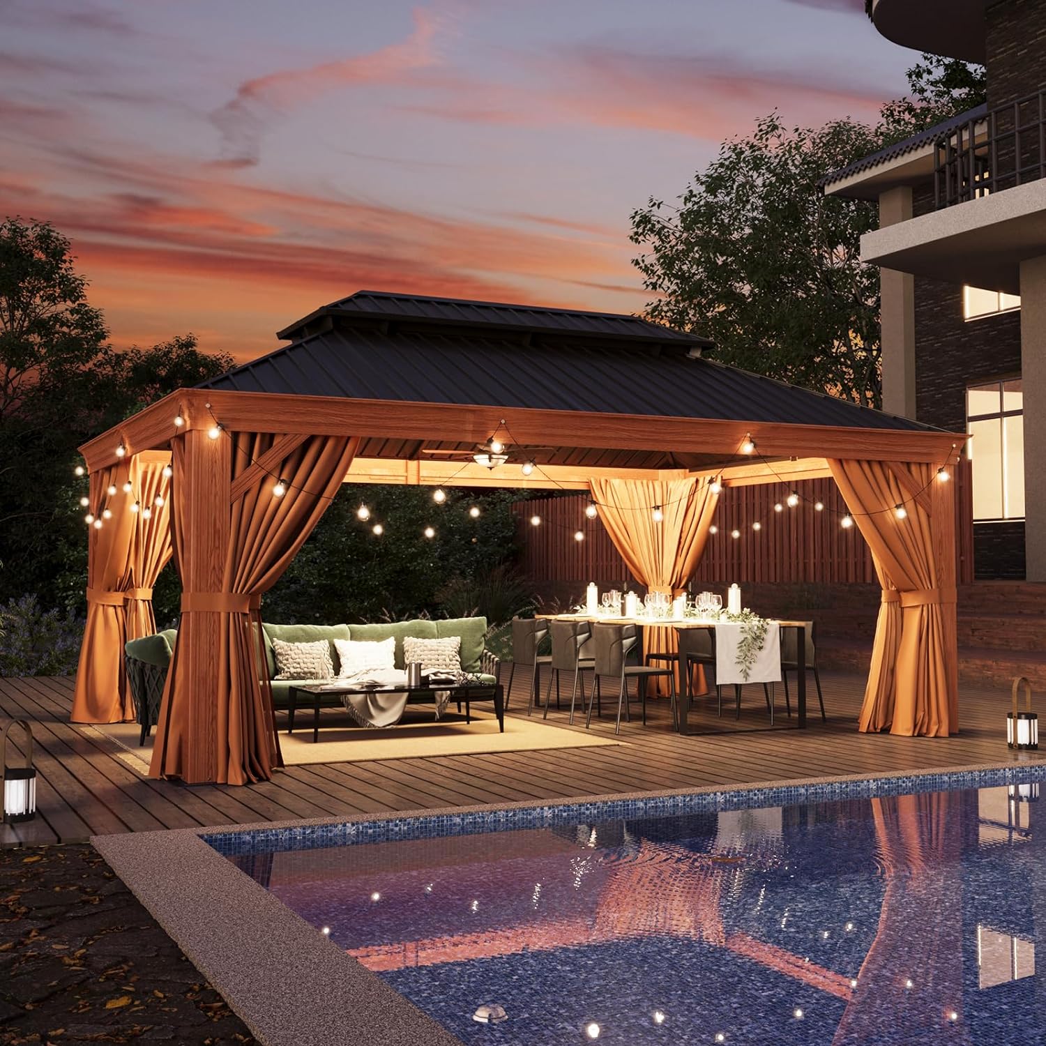 Wood Grain Hardtop Gazebo with Rain Gutter