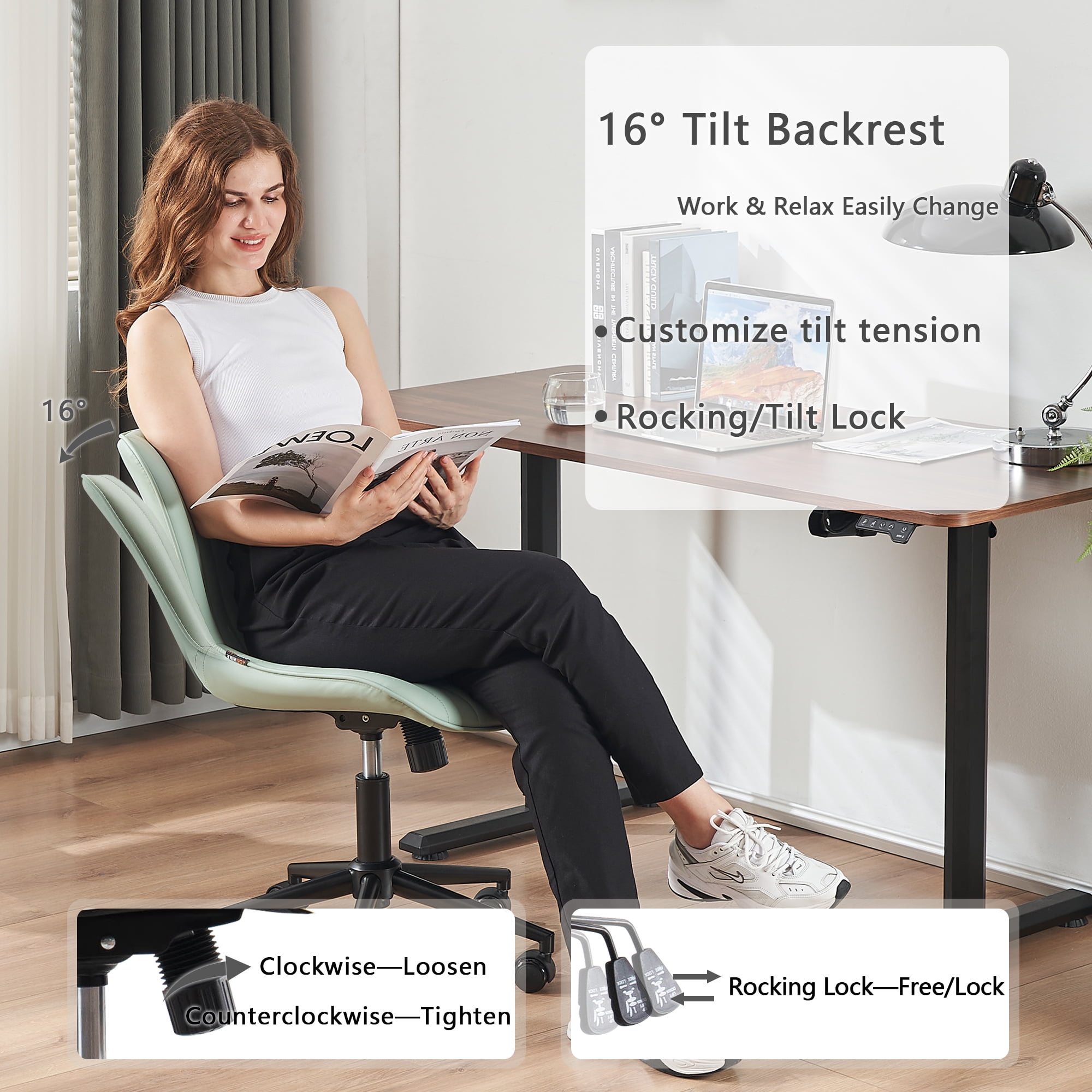 YOUNIKE Cute Armless Office Desk Chair Modern Upholstered Faux Leather Swivel Task Chair, Brown