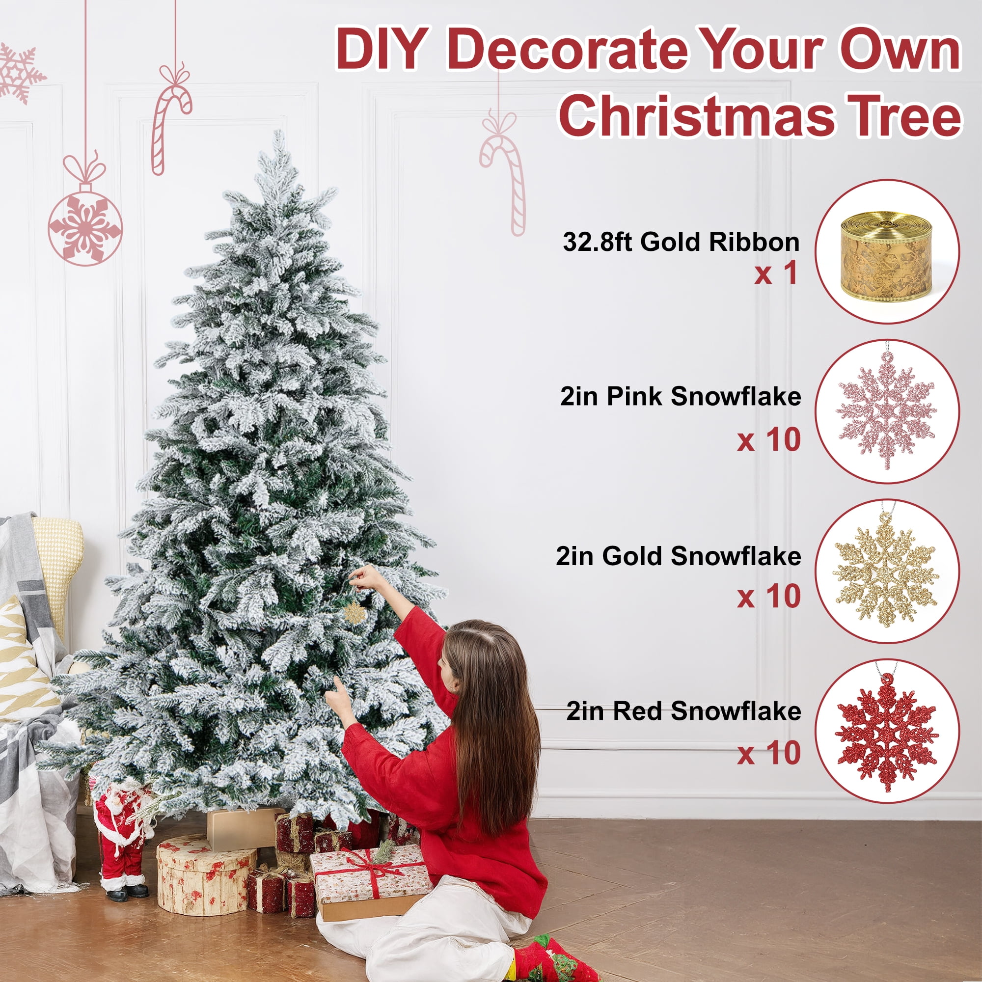 Vrilay 6ft Pre-Lit Snow Flocked Artificial Christmas Tree w/ 1000 Tips 300 Lights, Gold Ribbon & Snowflake Christmas Decorations