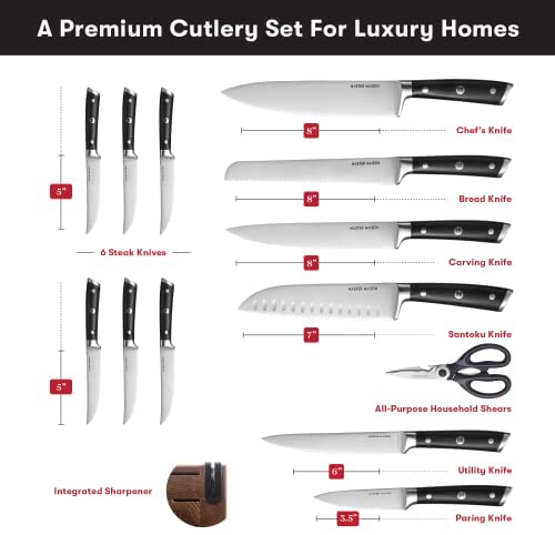 19-Piece Premium Kitchen Knife Set With Wooden Block | Master Maison German Stainless Steel Cutlery With Knife Sharpener & 8 Steak Knives