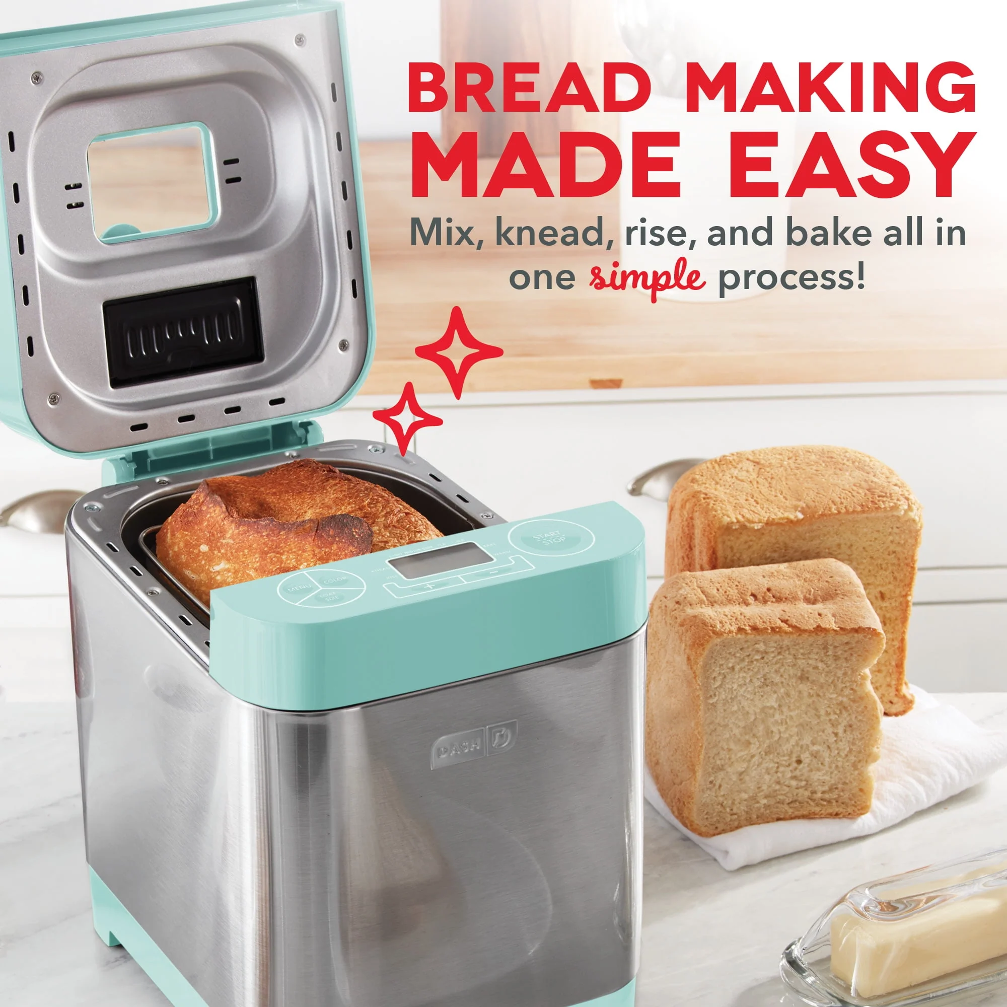 Dash Everyday Stainless Steel Bread Maker up to 1.5lb Loaf, Programmable, 12 Settings + Gluten Free & Automatic Filling Dispenser