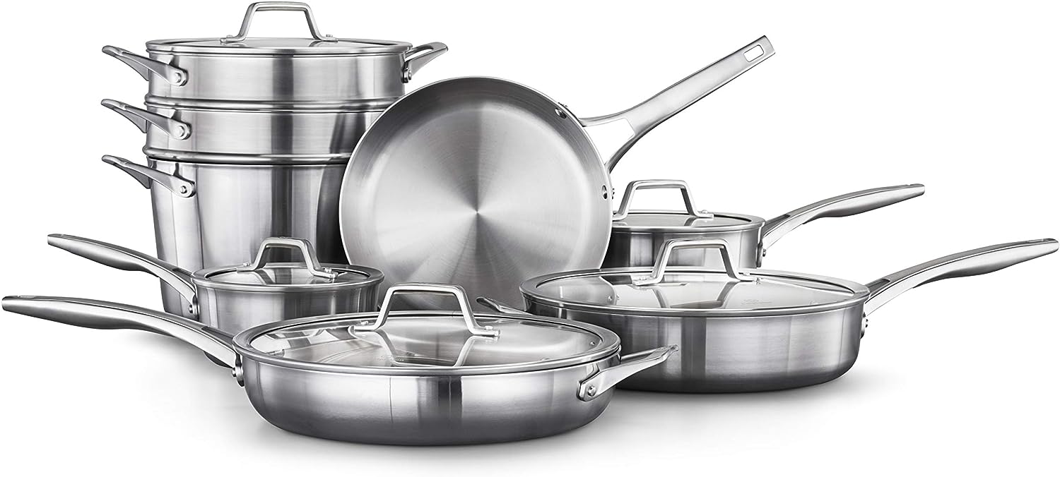 13-Piece Pots and Pans Set, Stainless Steel Kitchen Cookware with Stay-Cool Handles and Steamer Insert, Dishwasher Safe, Silver