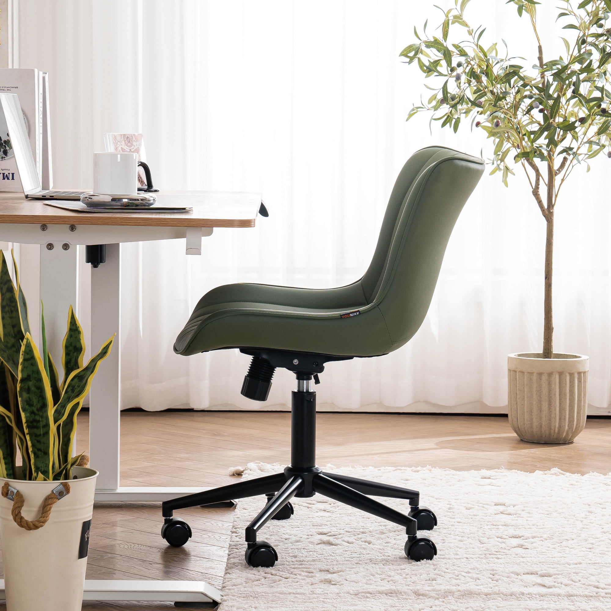 YOUNIKE Cute Armless Office Desk Chair Modern Upholstered Faux Leather Swivel Task Chair, Brown