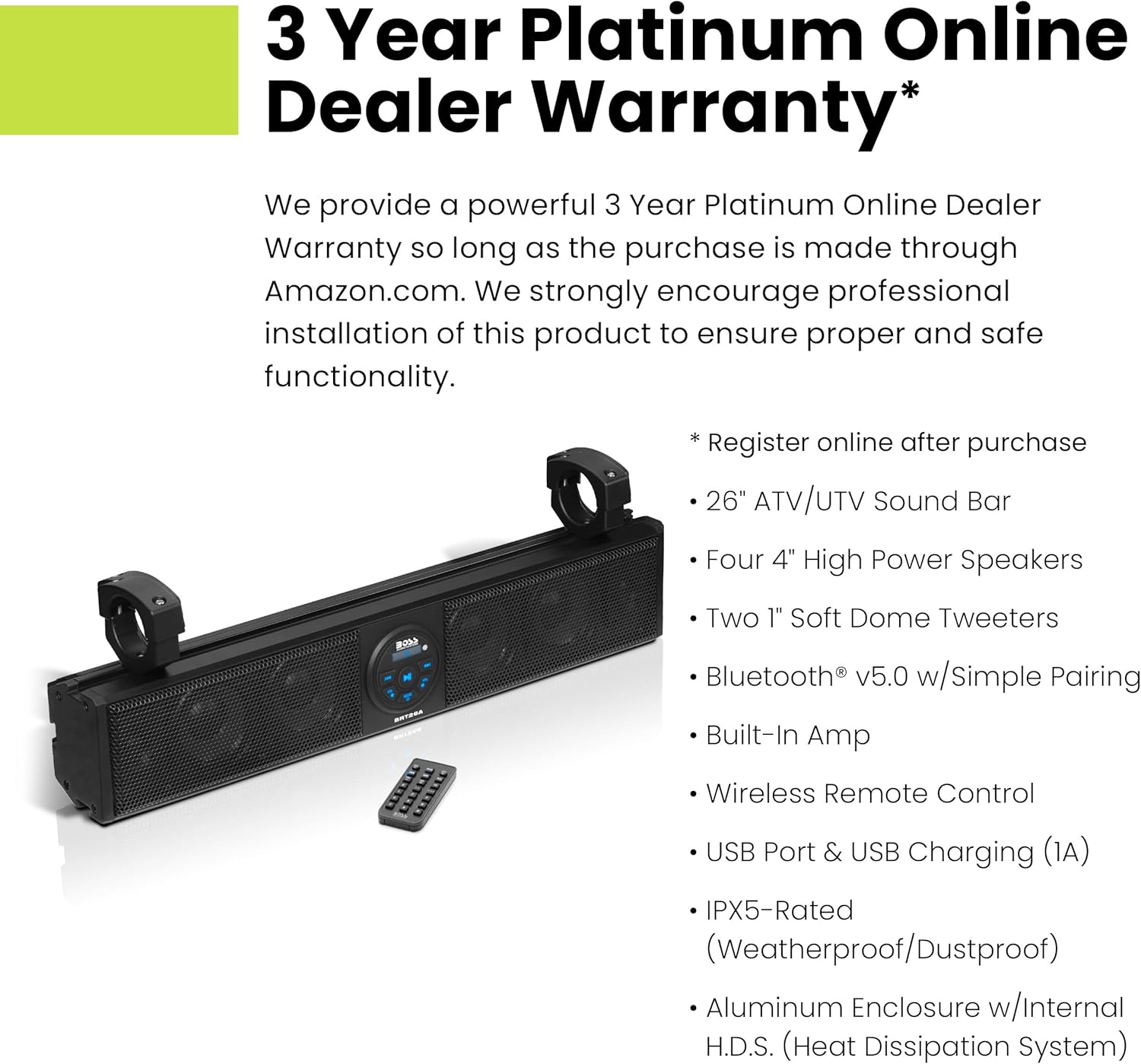 Audio Systems BRT26A ATV UTV Sound Bar - 26 Inch Wide, 4 Inch Speakers, 1 Inch Soft Dome Tweeters, Full Range, IPX5 Weatherproof, Bluetooth, Built-in Amplifier, Golf Cart Compatible