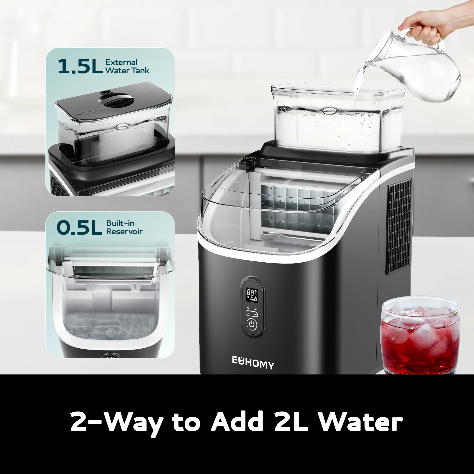 EUHOMY Ice Cube Maker Machine Countertop with External Water Tank, 34Lbs, 16Pcs Ready in 13 Mins, 2 Ways to Add Water, Auto-Cleaning, with Ice Scoop & Basket