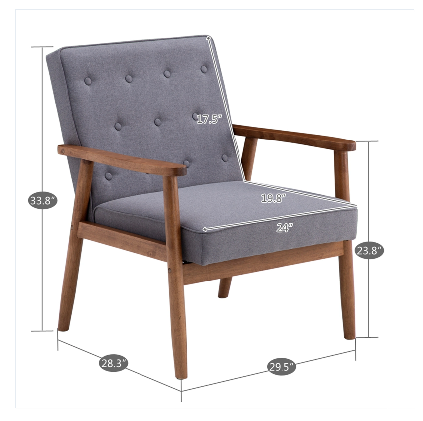 (75 x 69 x 84) cm Retro Modern Wooden Single Chair, Grey Fabric