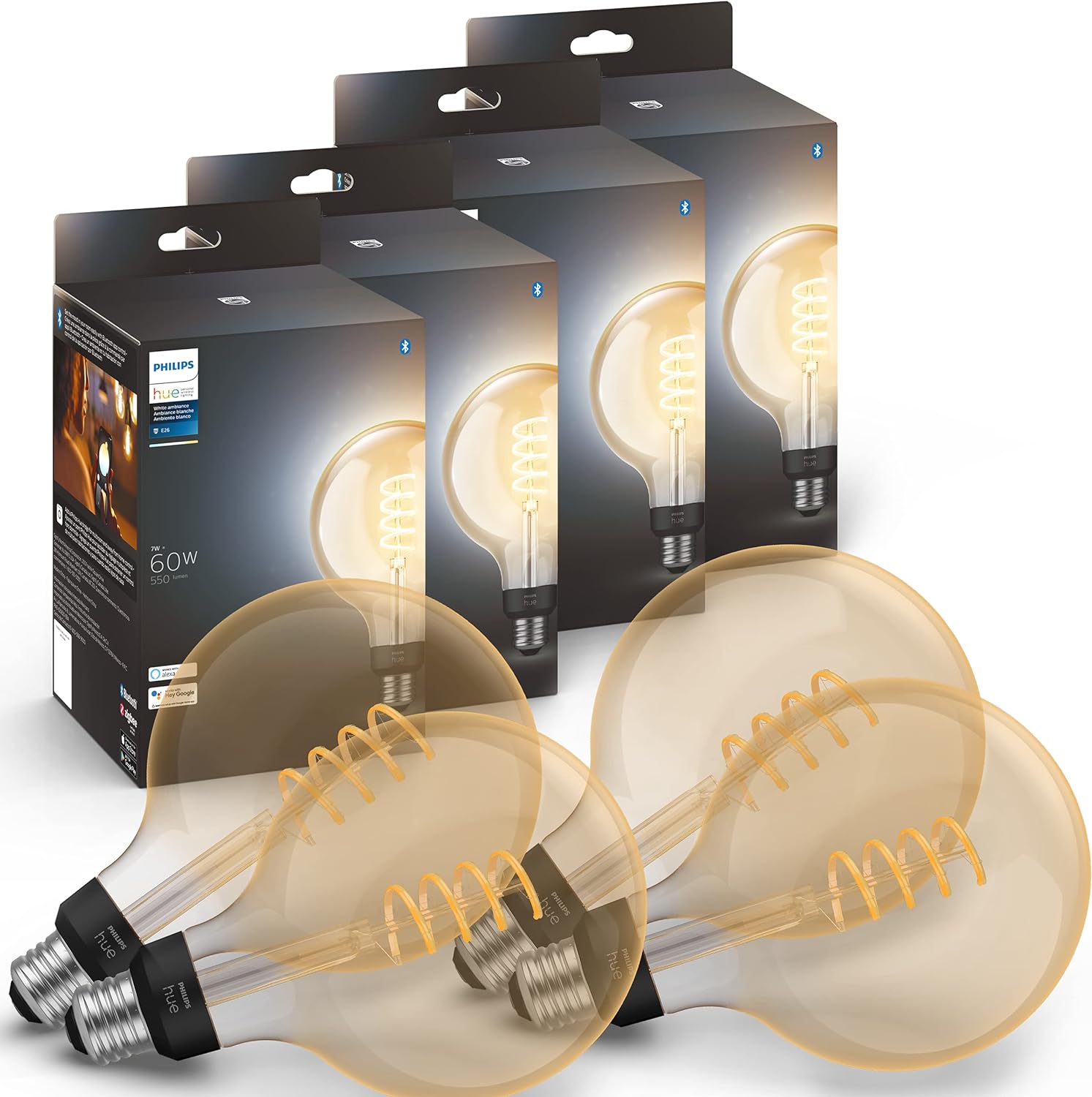Philips Hue White Ambiance G40 LED Bulb 4-Pack, 550LM, E26, Smart Home Compatible with Alexa & Google Assistant