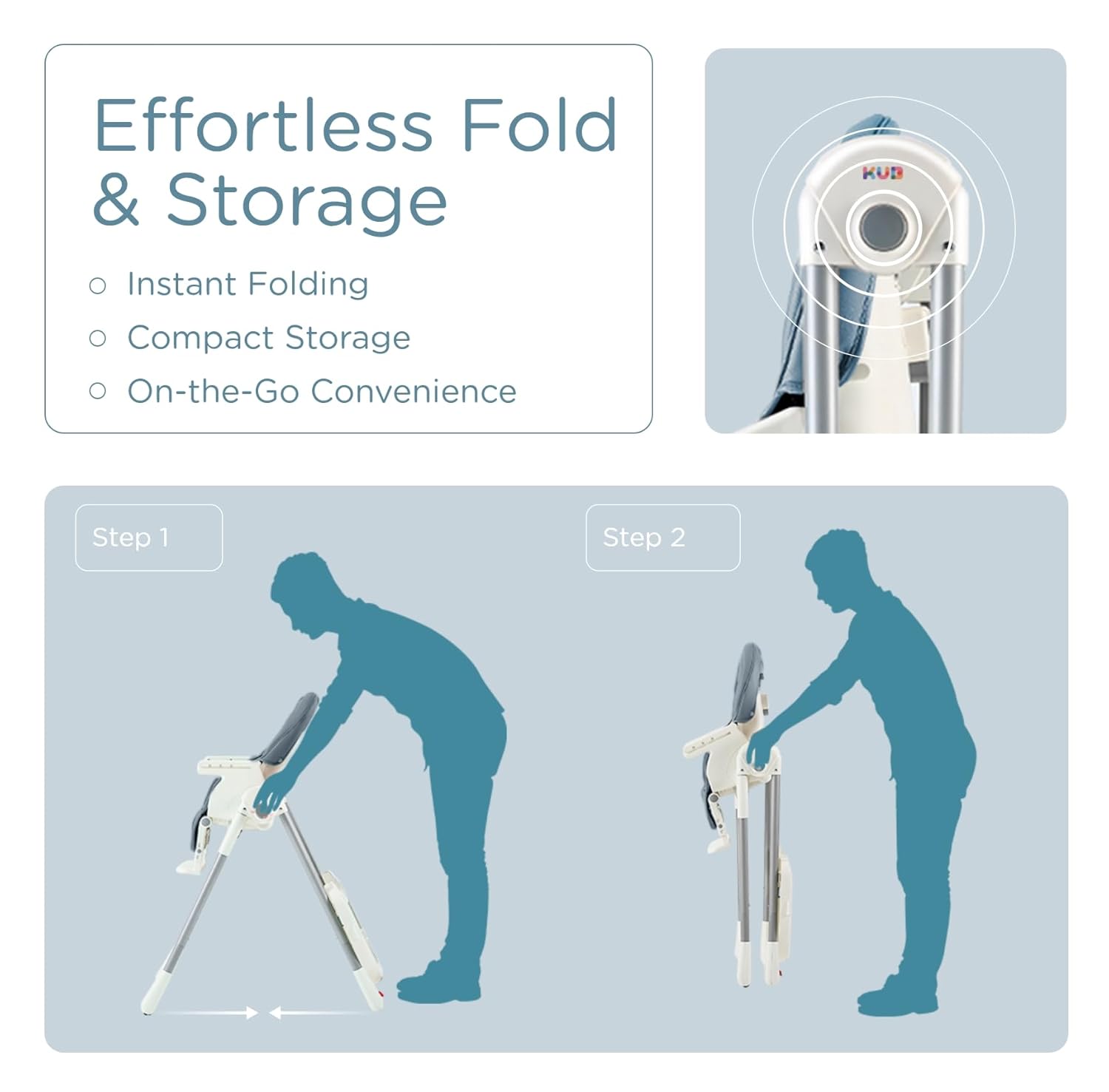 JBG Foldable Baby High Chair, Grey Faux Leather, Adjustable Height & Recline, Removable Tray, Locking Wheels, 5-Point Harness