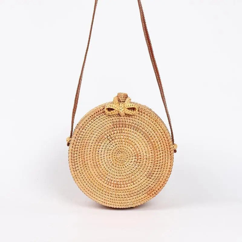RattanpackTM Boho Round Woven Straw Bag – Handcrafted Rattan Crossbody Purse with Leather Strap