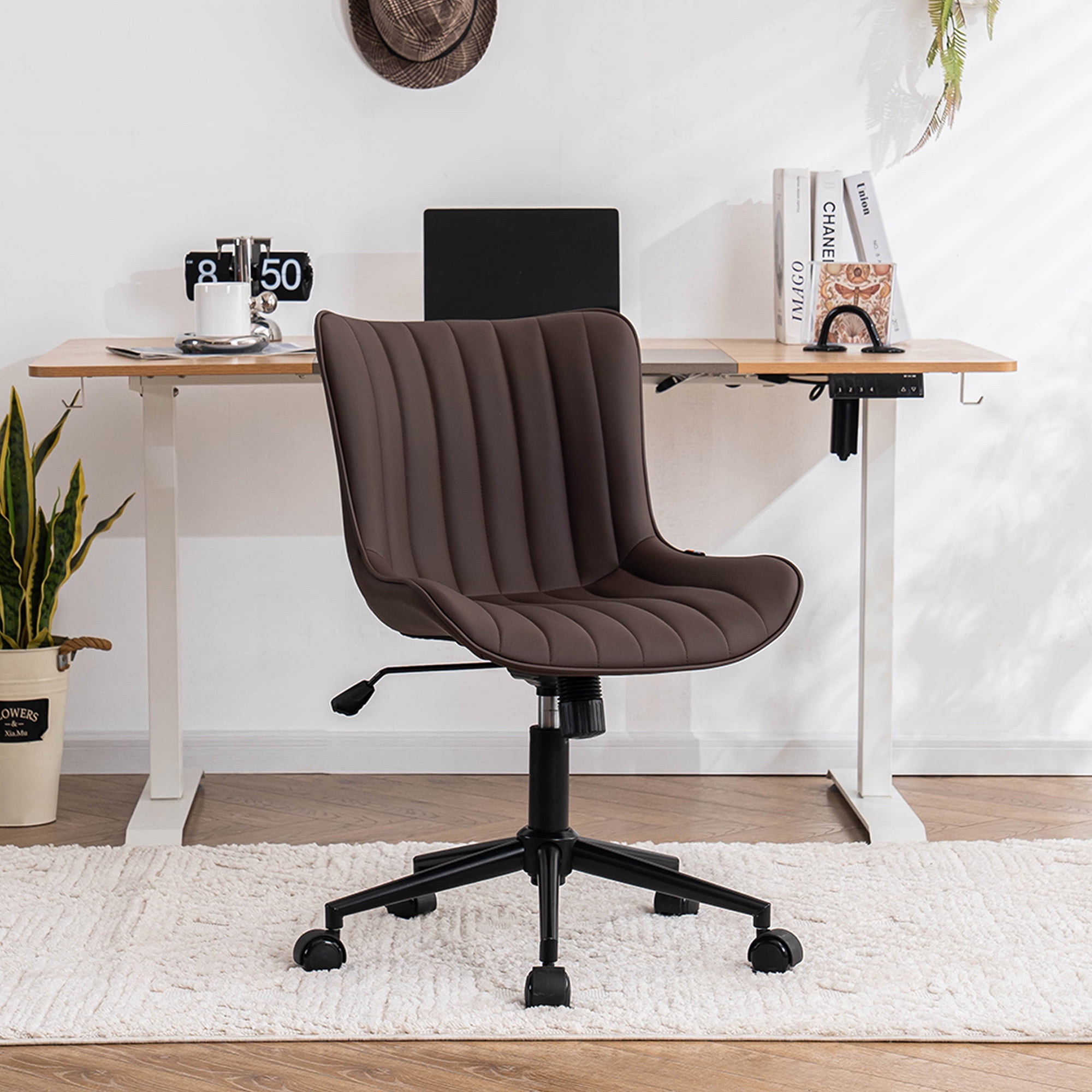 YOUNIKE Cute Armless Office Desk Chair Modern Upholstered Faux Leather Swivel Task Chair, Brown