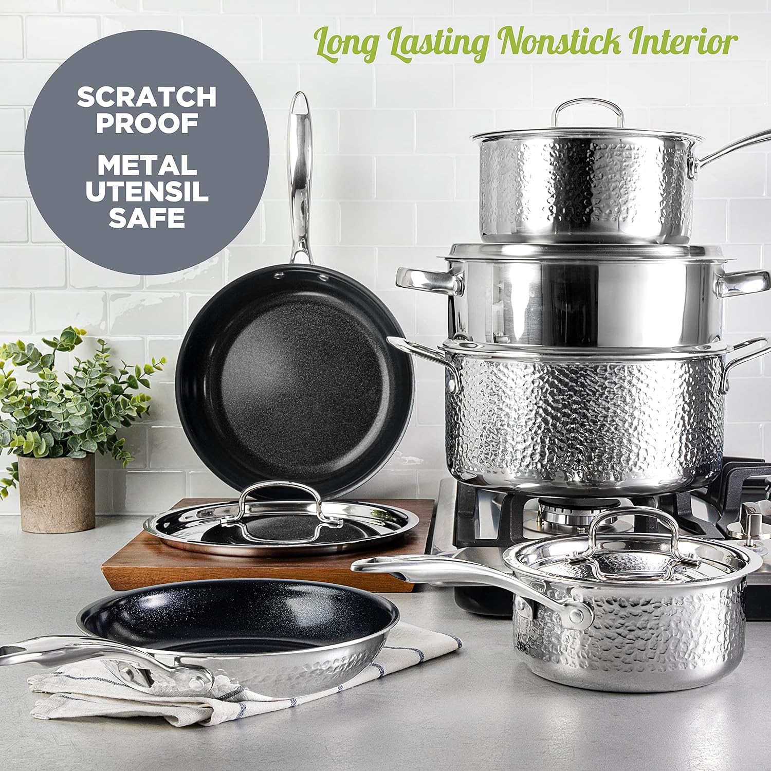 10 Pc Kitchen Pots and Pans Set Non Stick, Stainless Steel Cookware Set, Non Stick Pots and Pan Set, Kitchen Cookware Set, Pot and Pan Set, Dishwasher Safe