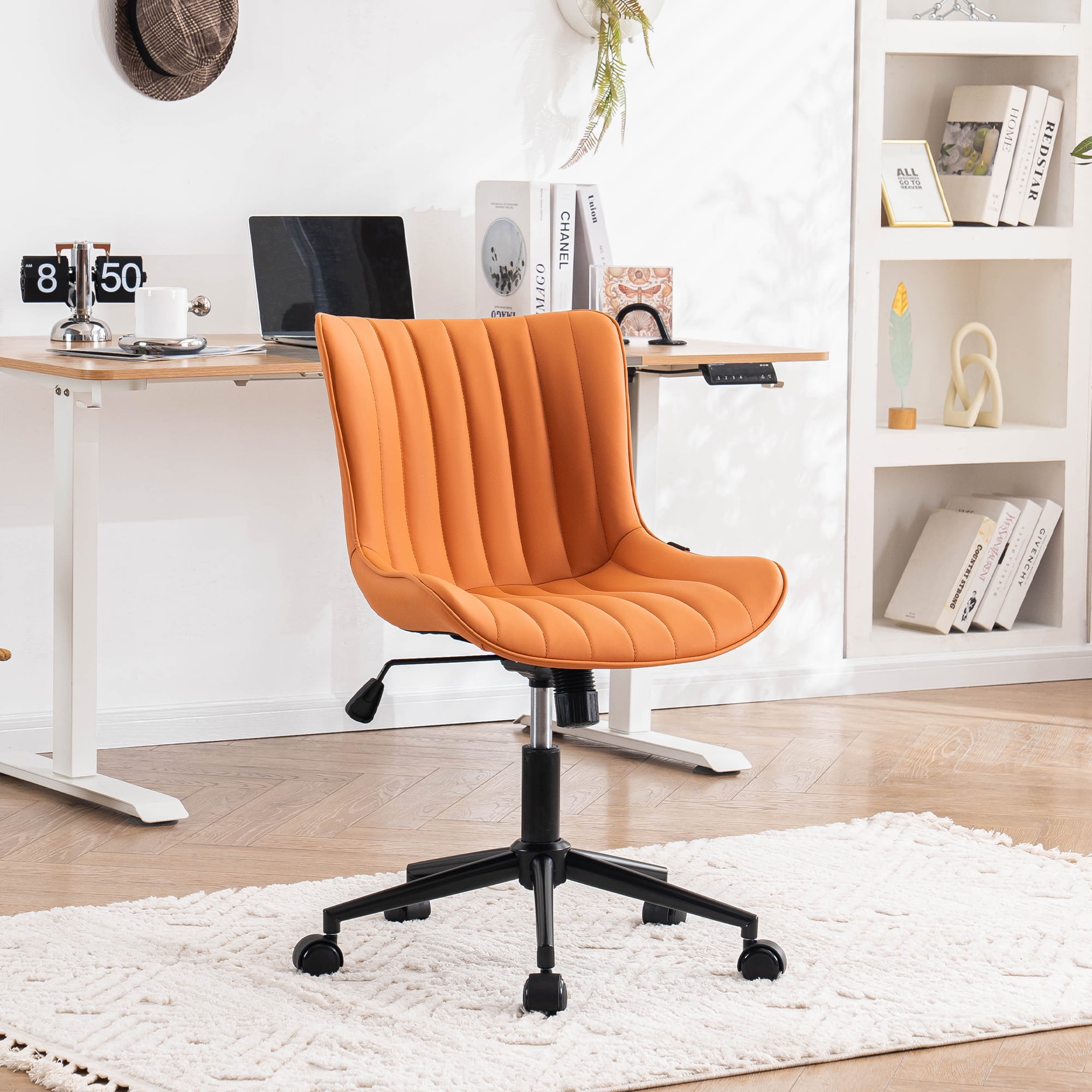 YOUNIKE Cute Armless Office Desk Chair Modern Upholstered Faux Leather Swivel Task Chair, Brown