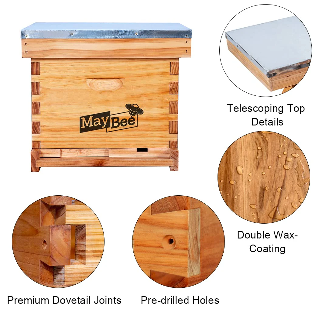 Beehive Starter Kit 8-Frame Bee Boxes and Frames Starter Kit Wax Coated Bee Hives and Supplies Starter Kit Including Beekeeping Tools Kit with Beekeeping Veil