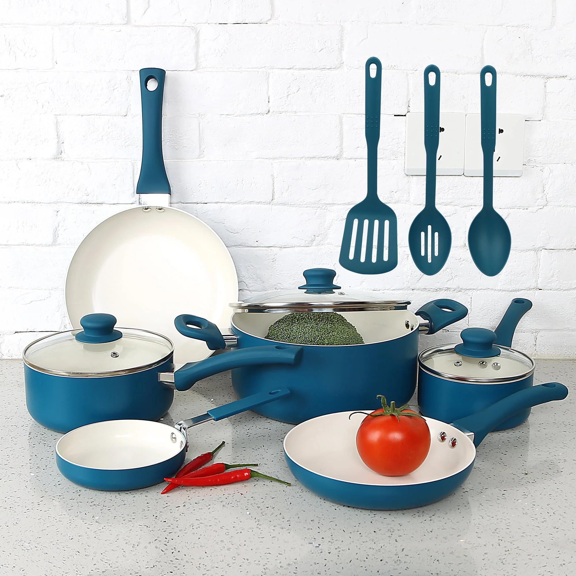 Mainstays Ceramic Aluminum 12 Pieces Cookware Set Corsair Blue Nonstick