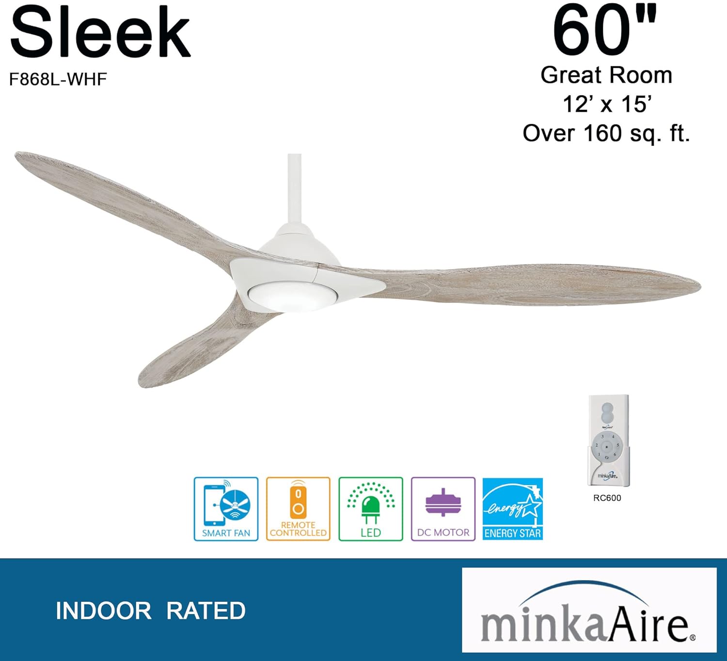 Minka-Aire Sleek 60′′ Ceiling Fan, Soft Brass/White, LED, Smart Remote/App Control, Energy Star Certified