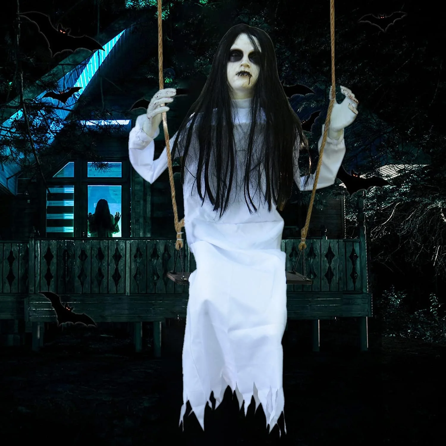 Halloween Decorations Props Hanging Swinging Girl with Creepy Expressions, Hanging Ghosts The Best Indoor and Outdoor Decorations for Halloween(White)