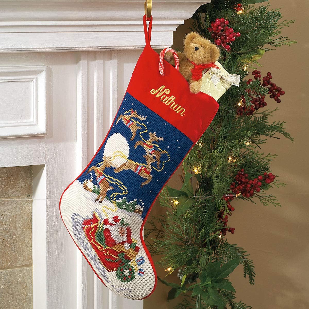 Lillian Vernon Personalized Needlepoint Reindeer Stocking - Heirloom Christmas Stocking, 100% Wool, 9.5” W x 17” L