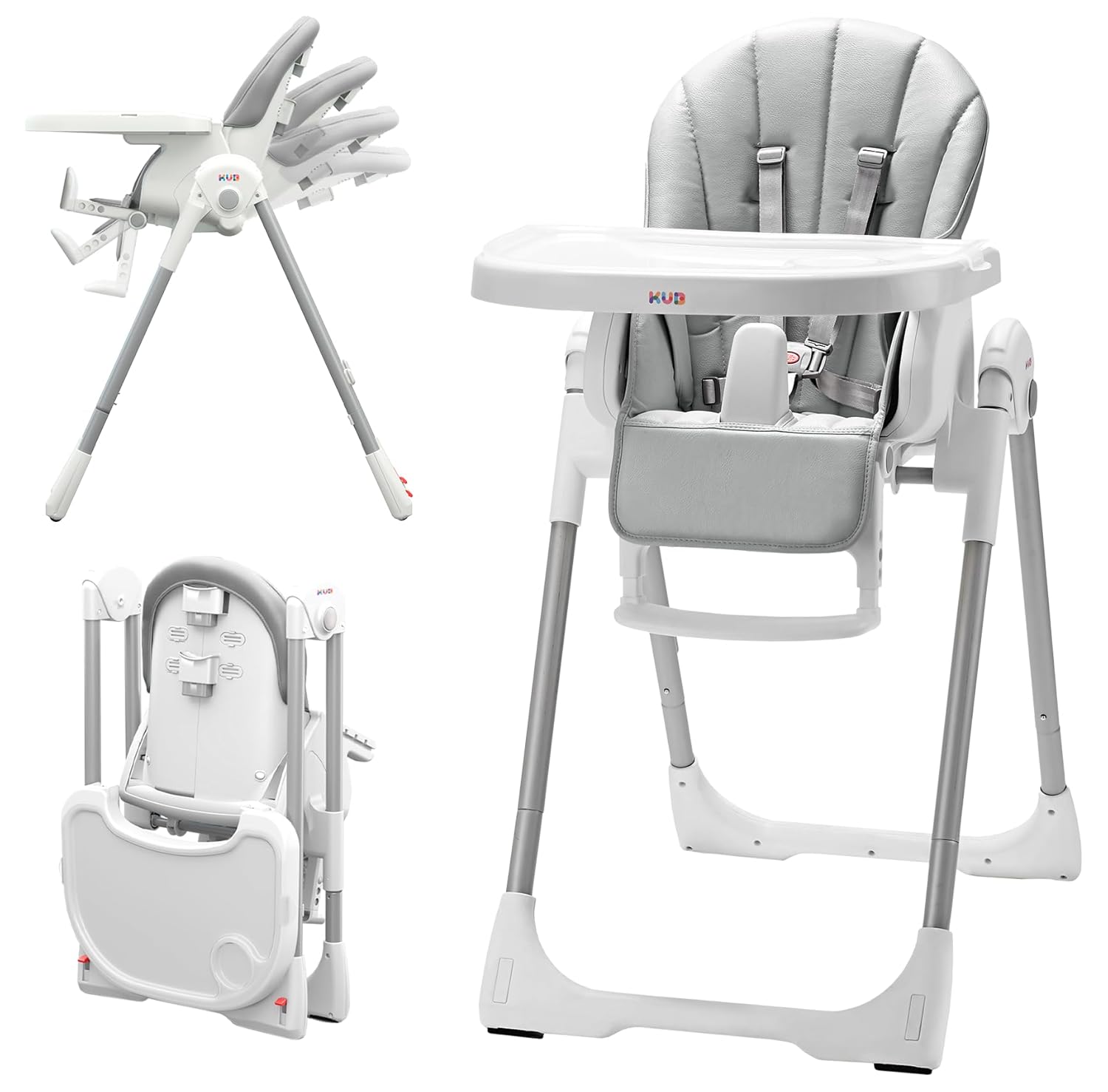JBG Foldable Baby High Chair, Grey Faux Leather, Adjustable Height & Recline, Removable Tray, Locking Wheels, 5-Point Harness