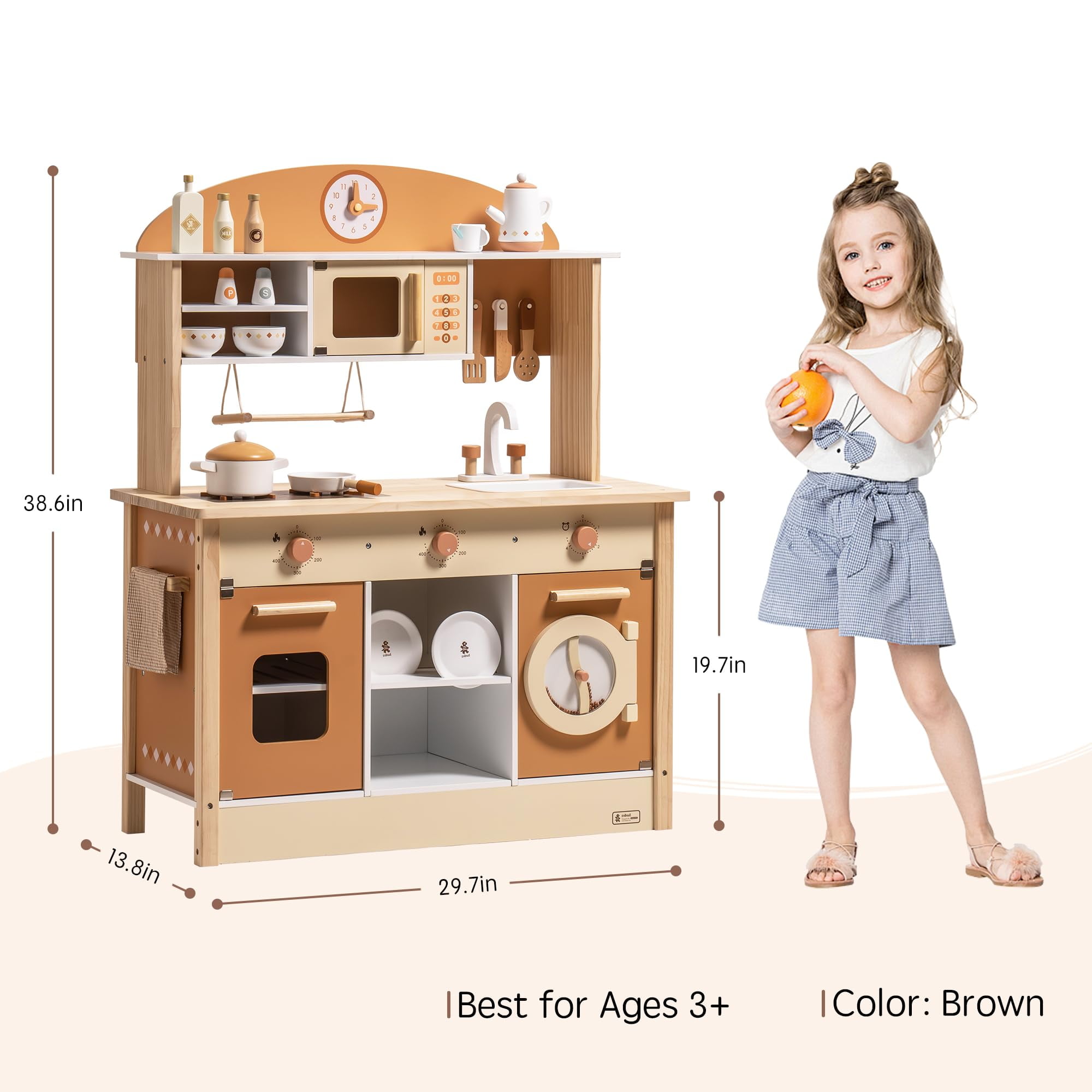 Robud Kids Wooden Kitchen Play Set Pretend Playset Toy with Play Cooker for Kids Boys Girls Age 3+,Caramel