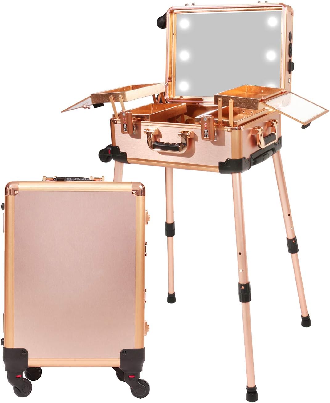 Medium Makeup Train Case with Code Lock, Lighted Mirror, Speaker Travel Cosmetic Organizer Box, Professional Artist Trolley Studio Free Standing Case