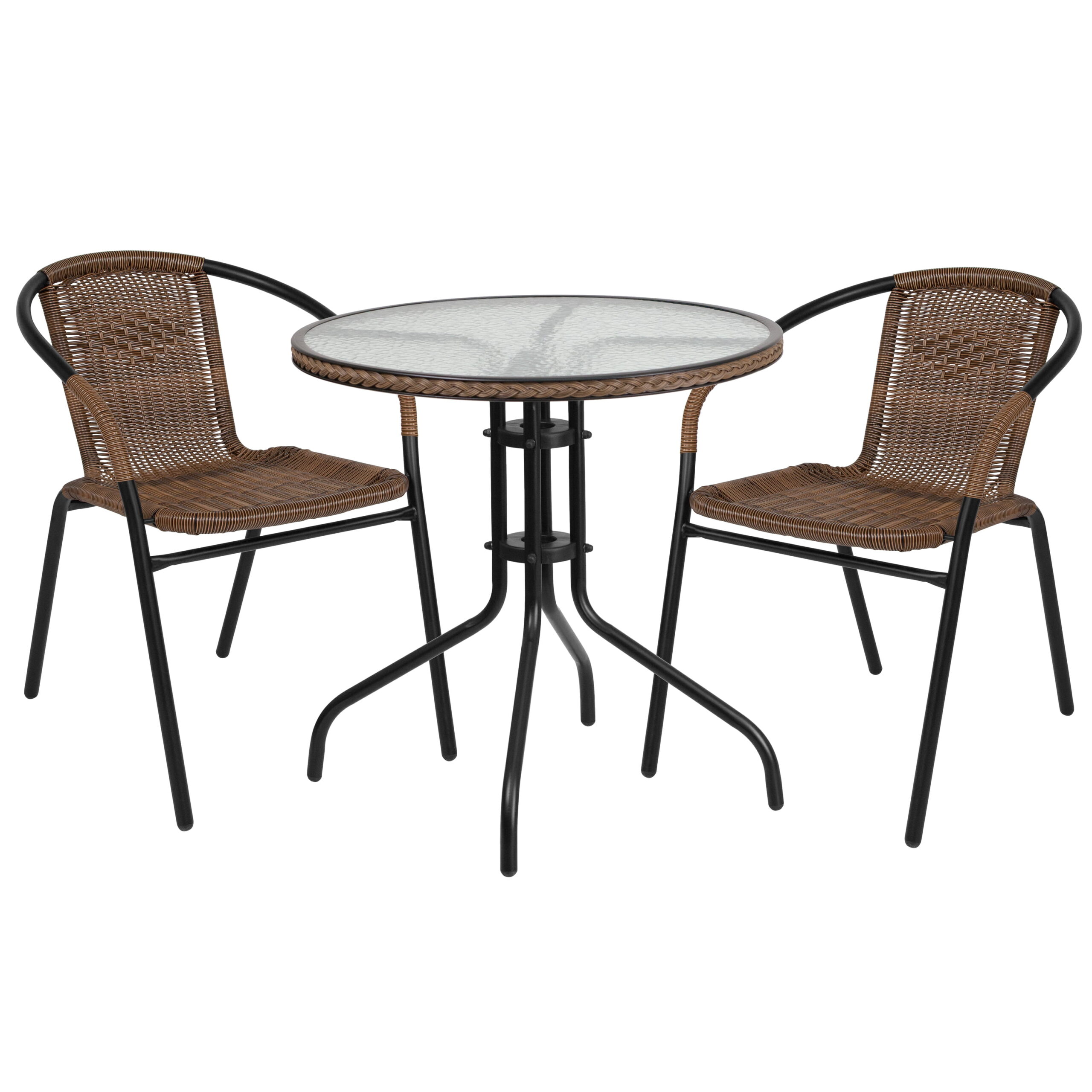 28  Round Glass Metal Table with Dark Brown Rattan Edging and 2 Dark Brown Rattan Stack Chairs