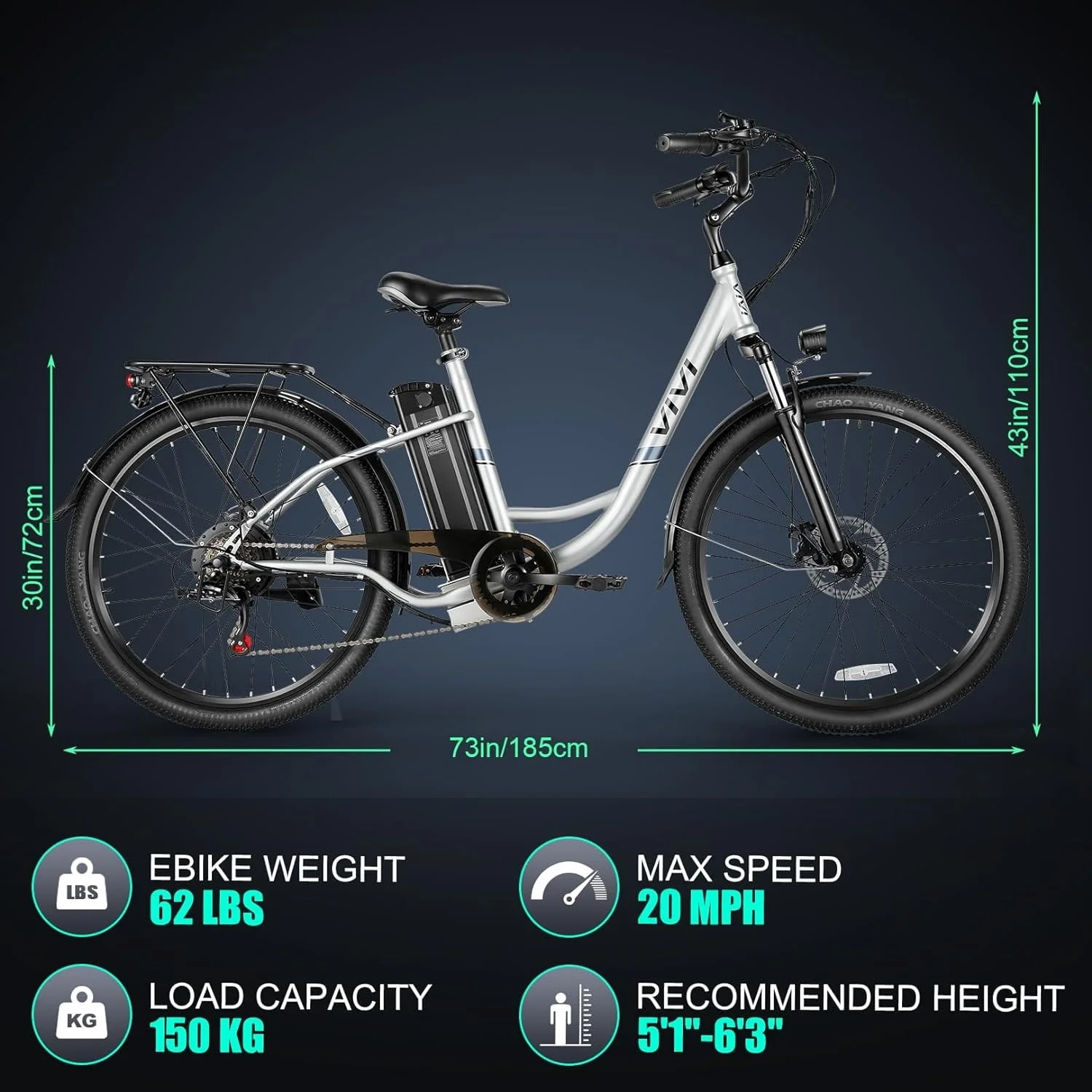 Vivi 26'' Electric Bike for Adults 500W Electric Bike with 48V Removable Battery, Electric Commuter Cruiser Bike 19.8MPH City Electric Bike with Cruise Control, UL2849 Certified