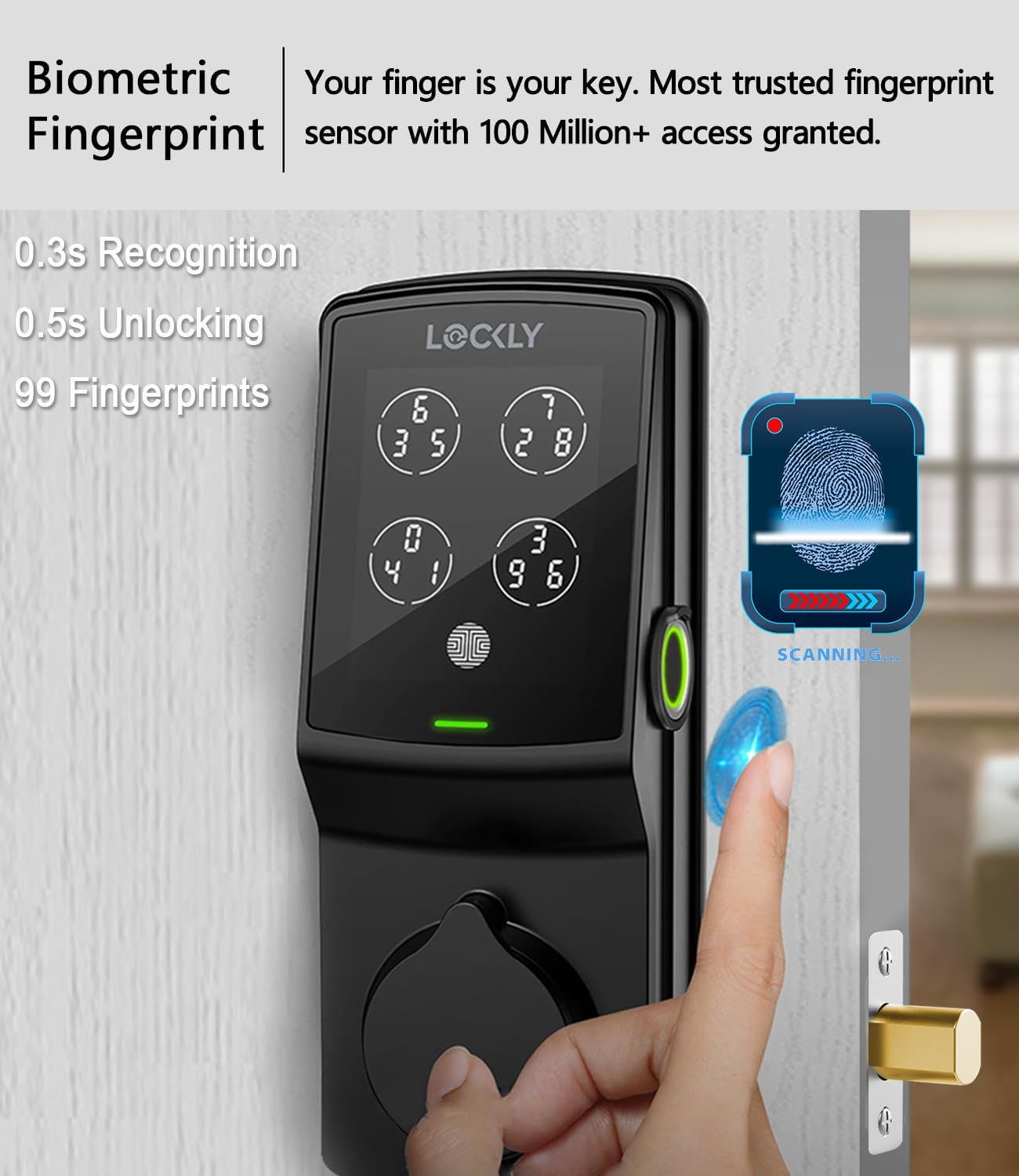 Lockly Smart Door Lock – Keyless Entry with Biometric Fingerprint, Voice Control, Matte Black, Latch Edition, Wi-Fi & Bluetooth Enabled