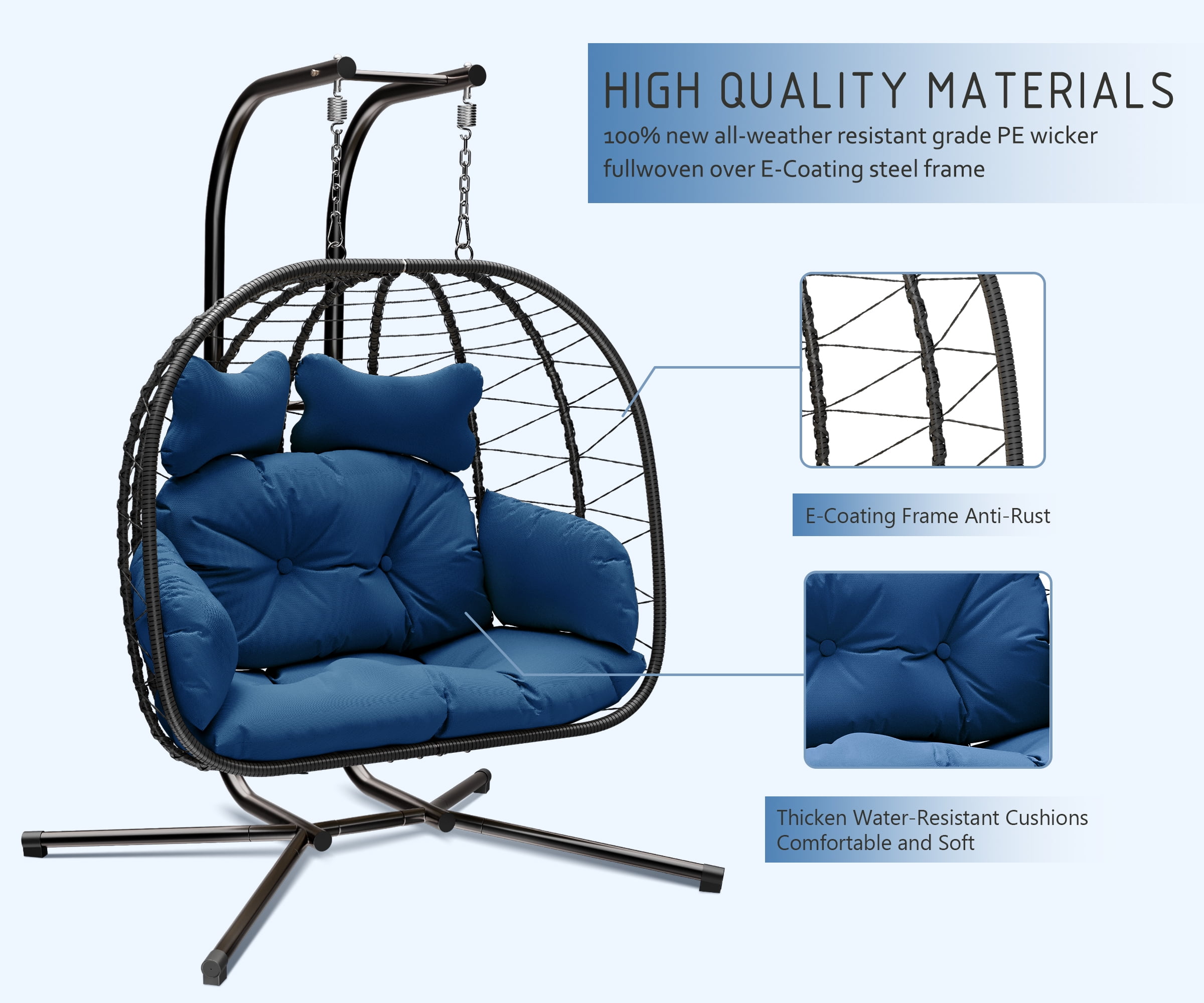 Bifanuo Double Wicker Swing Egg Chair Hammock Foldable Hanging Loveseat with Stand, UV Resistant Removable Cushions, 700LBS Capacity for Bedroom, Balcony (Black and Beige)