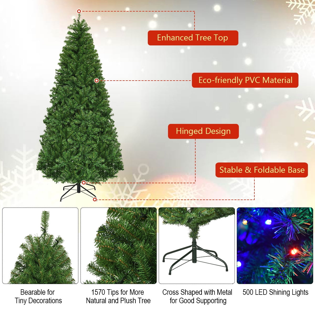 Costway 8Ft Pre-Lit Artificial Christmas Tree Hinged 750 LED Lights