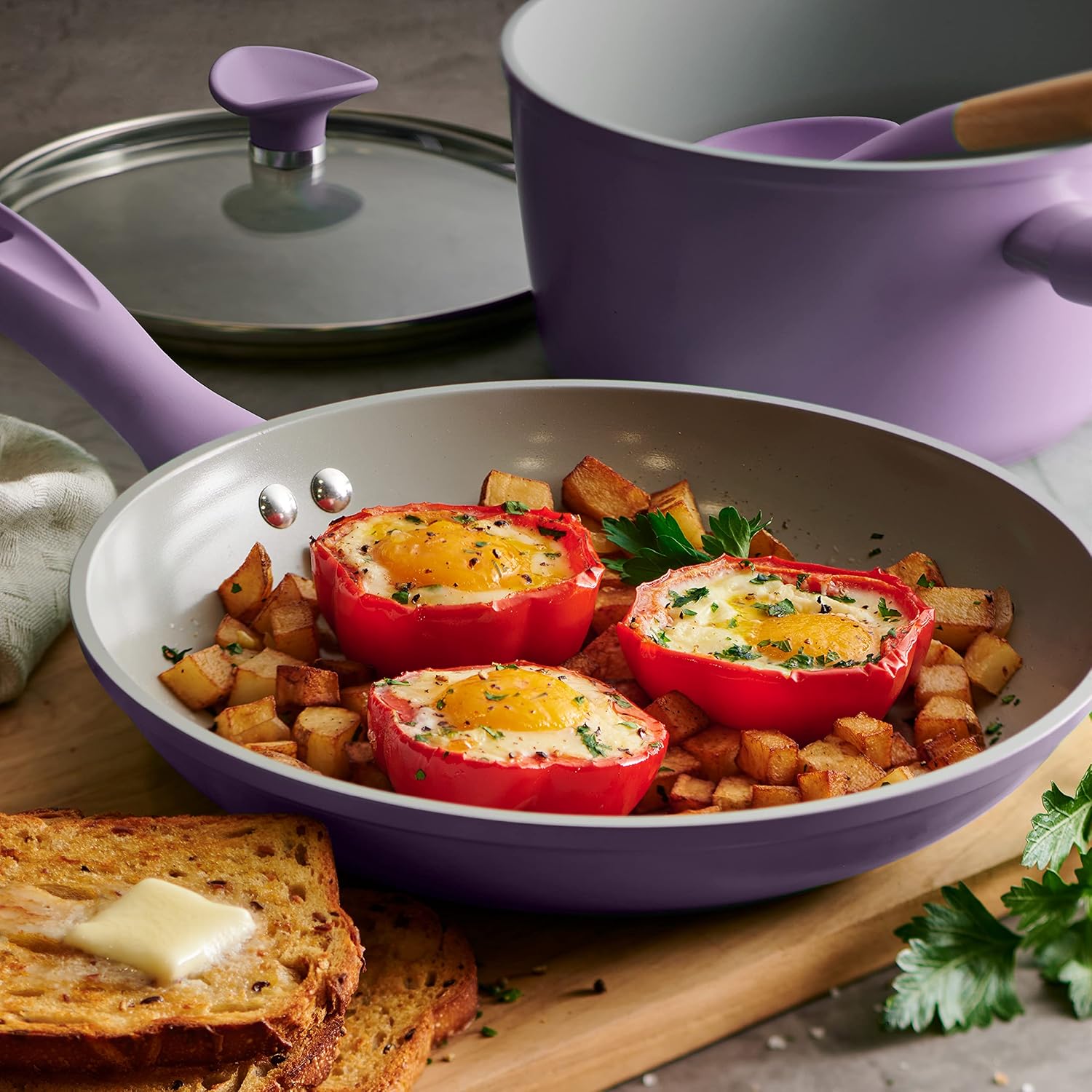 14-Piece Ceramic Cookware Set Purple Nonstick, Induction-Ready, Oven Safe, Dishwasher Safe, Includes Fry Pans, Sauté Pan, Sauce Pans, Dutch Oven, and Wooden Utensils, 80110/037DS