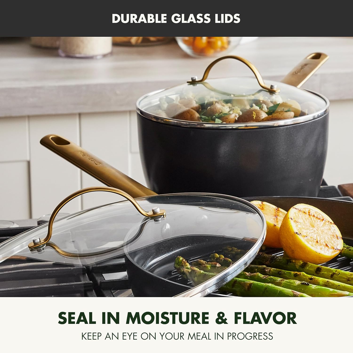 Reserve Hard Anodized Healthy Ceramic Nonstick 10 Piece Cookware Pots and Pans Set, Gold Handle, PFAS-Free, Dishwasher Safe, Oven Safe, Black