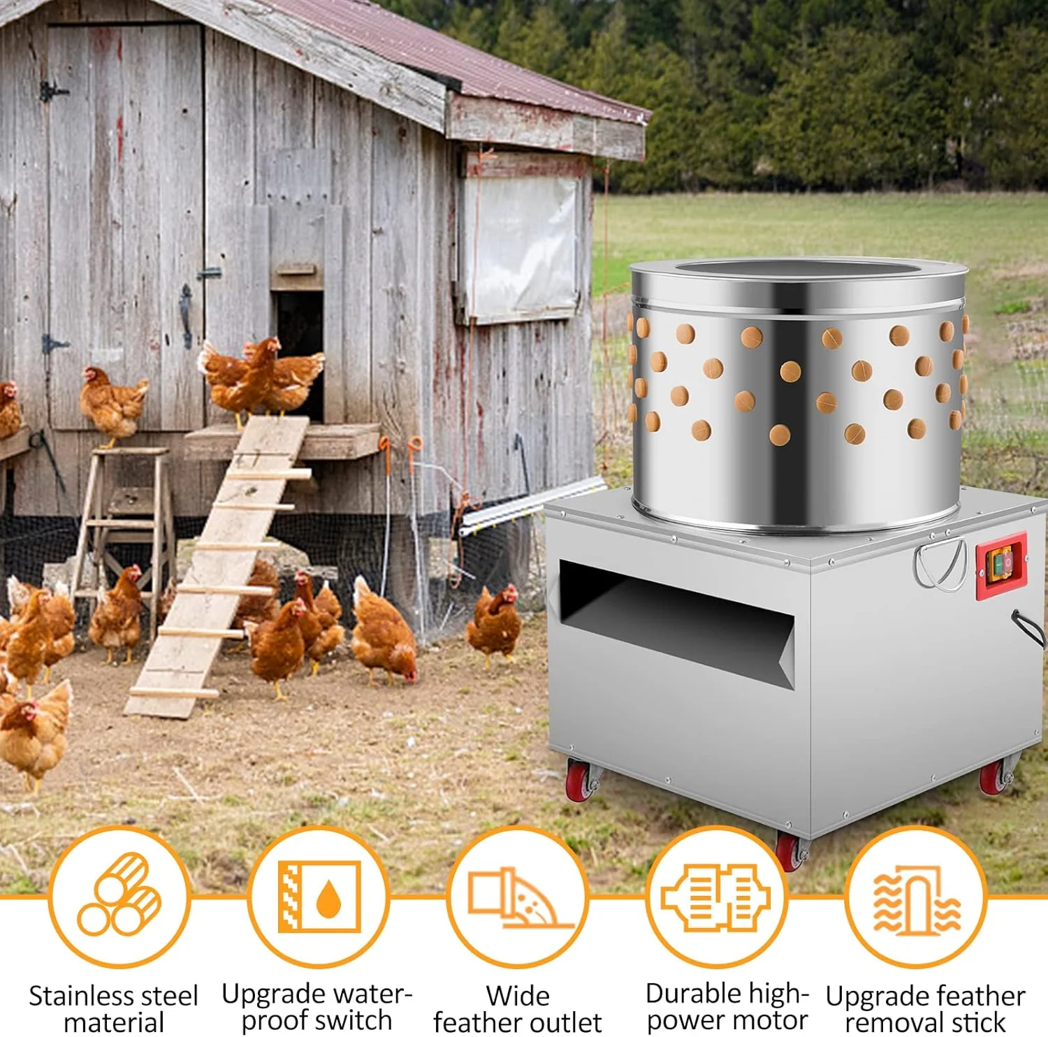 2HP 20In Stainless Steel Chicken Plucker Machine, Plucking Machine De-Feather, 110V 1500w 275r/min