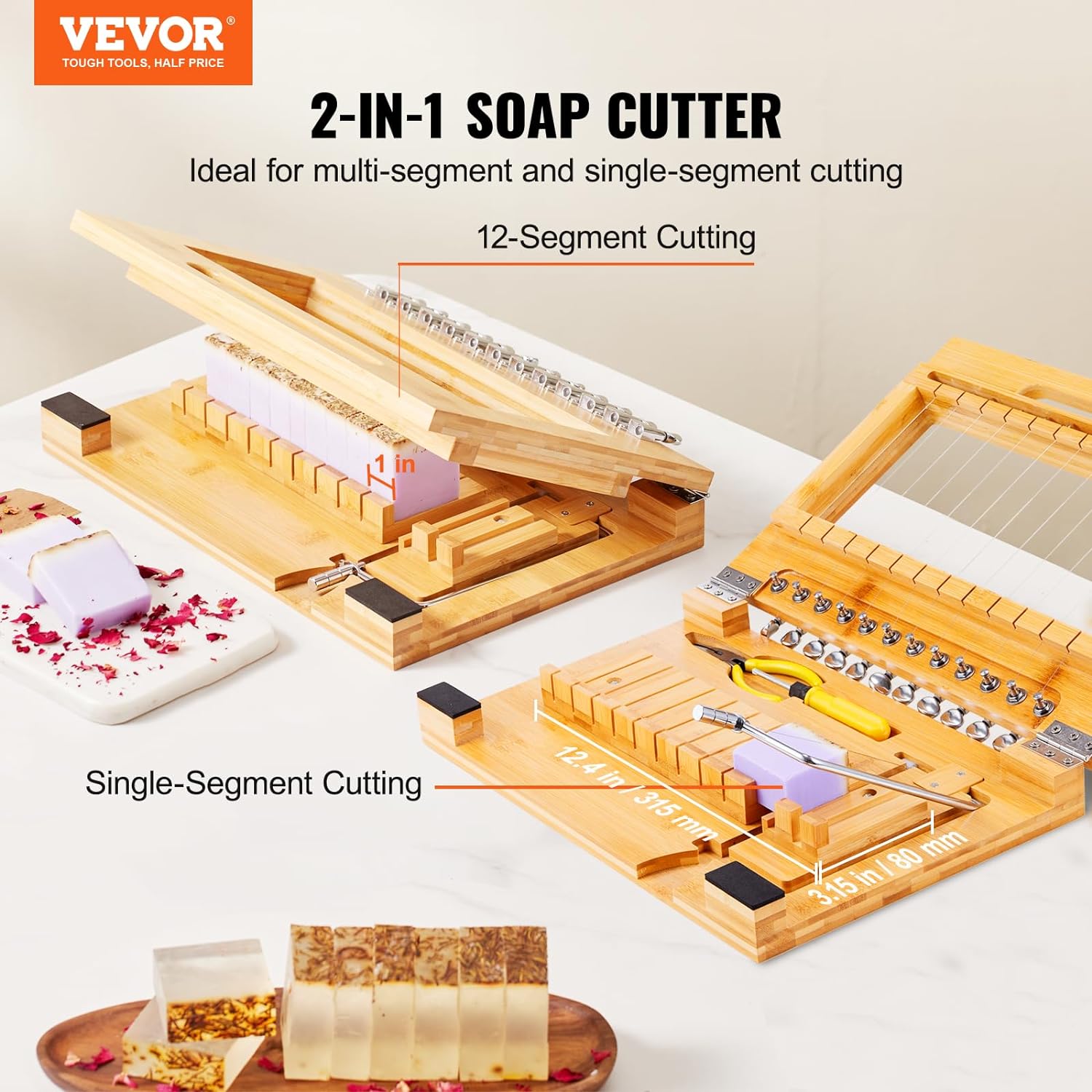 VEVOR 2-in-1 Soap Cutter, Stainless Steel, Bamboo Slicer for Soap, Candles, Cheese, Adjustable Wire Tension, 12-Segment Cutting