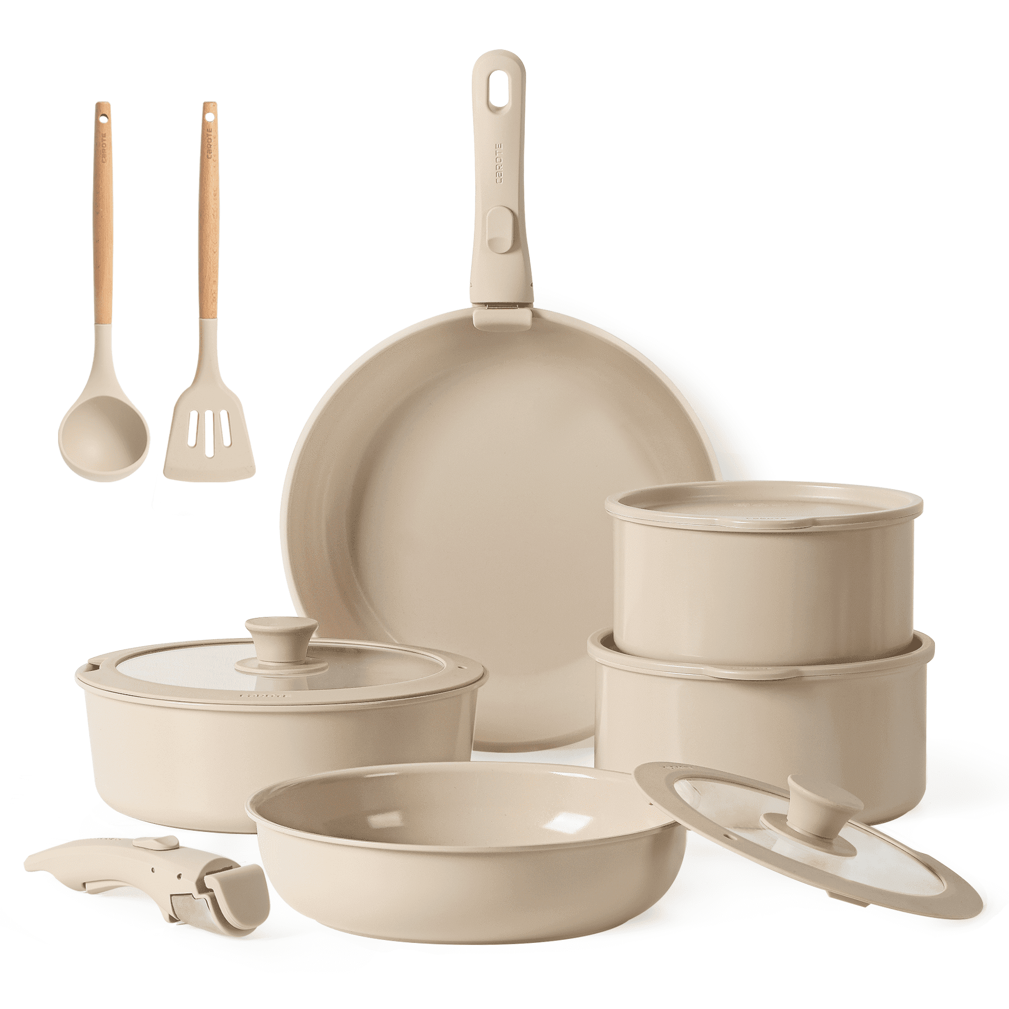 CAROTE 13-Piece Ceramic Cookware Set, Detachable Handle Pots and Pans Set, Oven Safe, Cream White