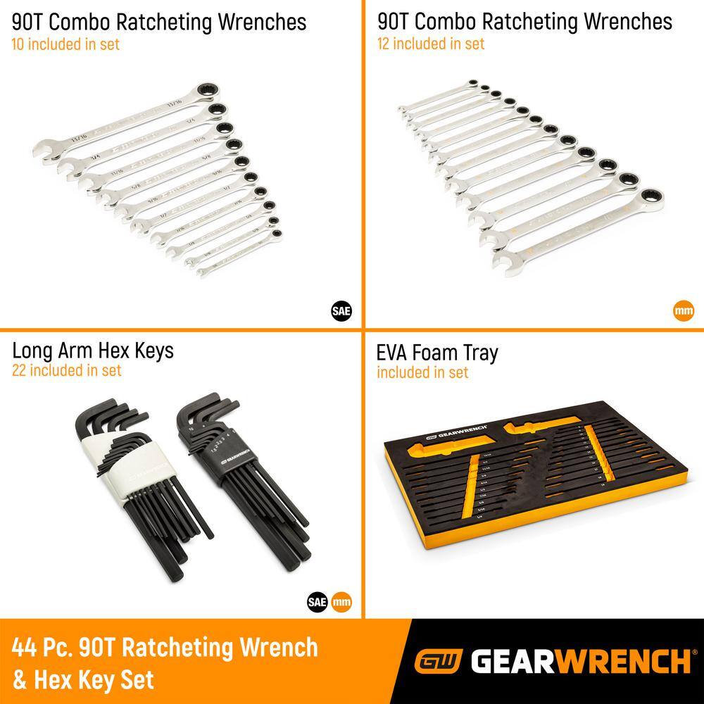 1008245829 44pc 90T SAE/Metric Combination Ratcheting Wrench   Long Arm Hex Key Set with EVA Foam Tray