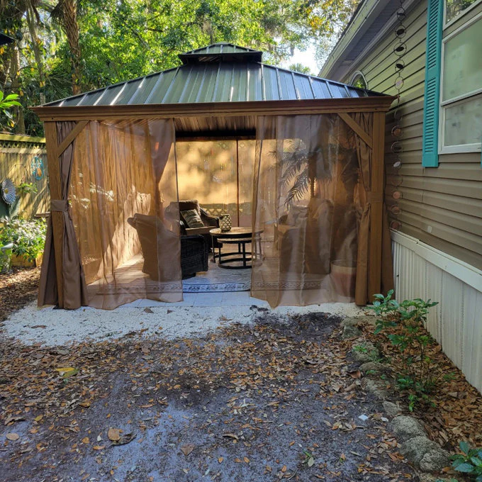 Wood Grain Hardtop Gazebo with Rain Gutter
