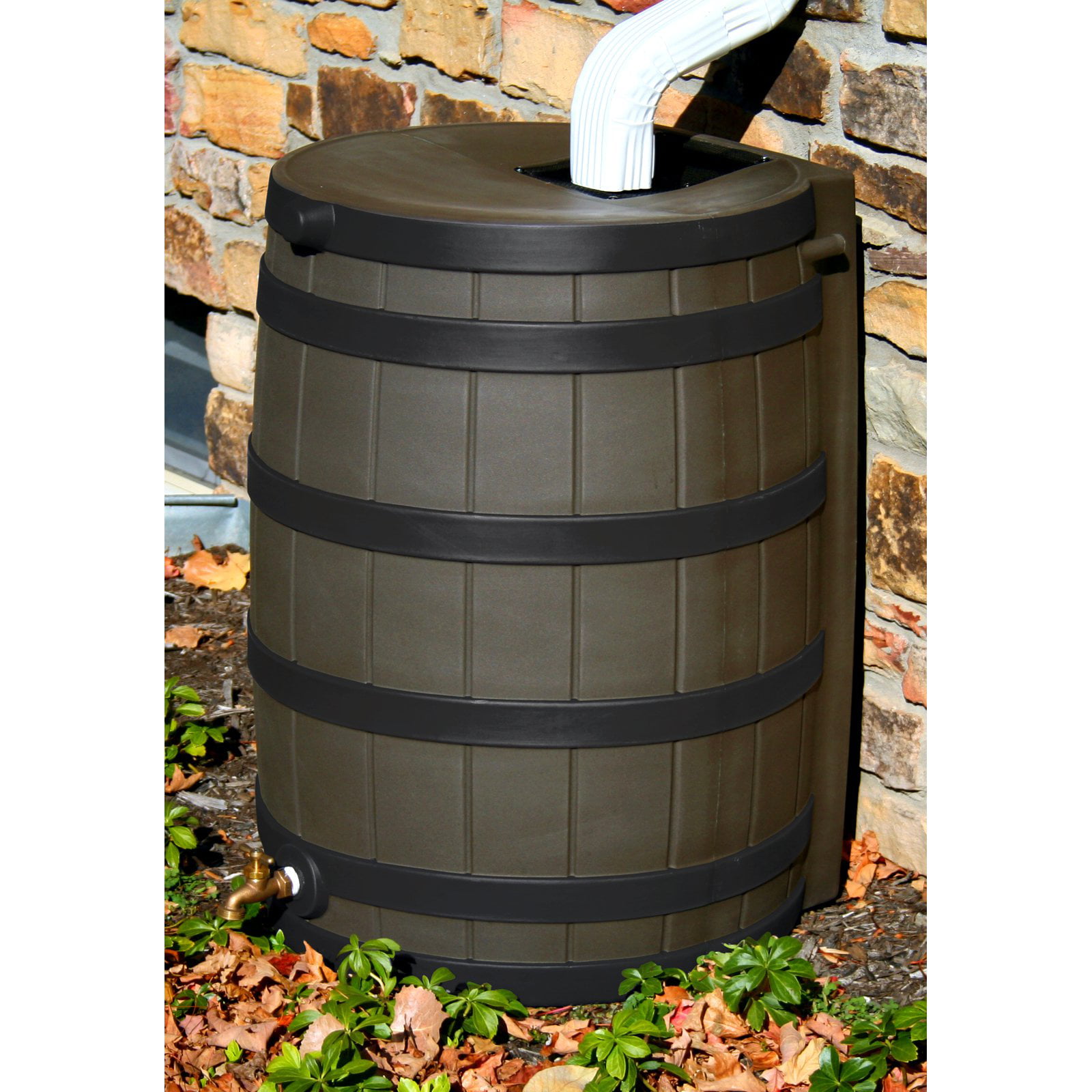 50 Gallon Rain Barrel with Darkened Ribs   Oak