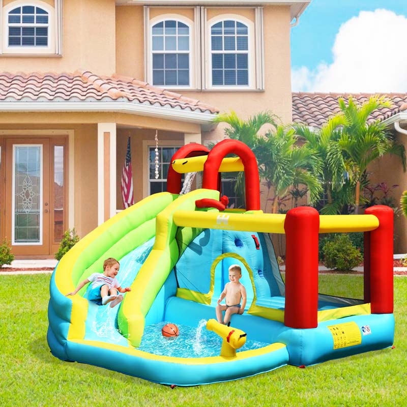 6-in-1 Kids Inflatable Bounce House Water Park with Trampoline, Splash Pool, Climbing Wall, Water Slide & Gun, Basketball Rim