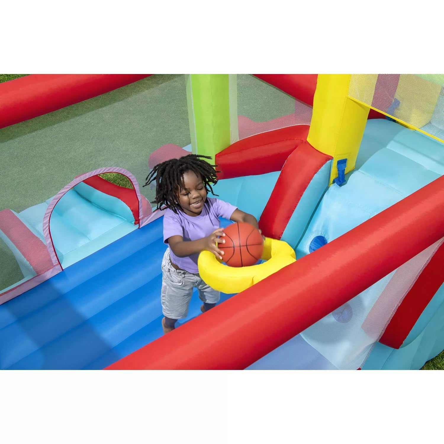 Up, In and Over Wonder Hoops 10′ Inflatable Bounce House Park with Basketball and Slide. 126